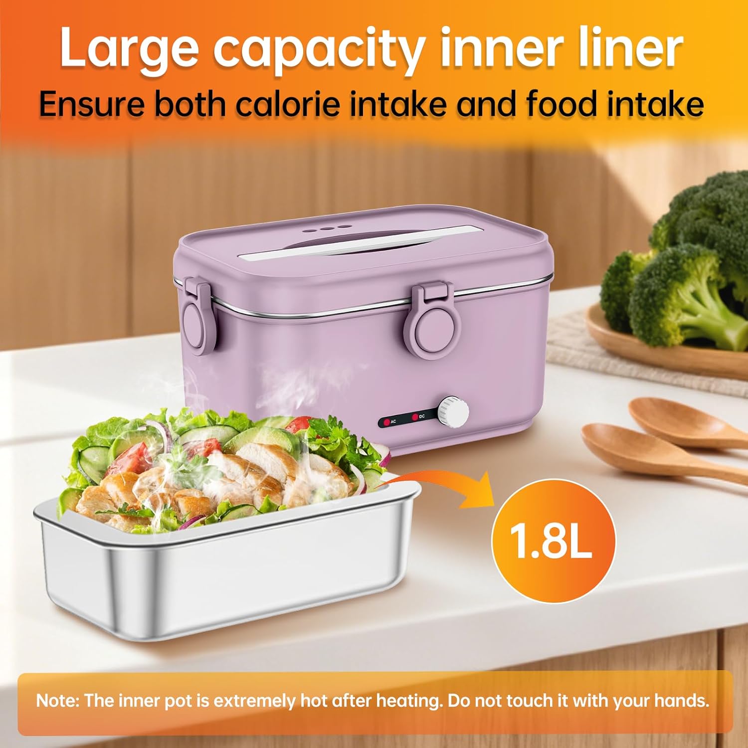 Heated Electric Lunch Box for Adults, 80W Portable Food Warmer with 1.8L Stainless Steel Container, Utensils, Carry Bag & Leakproof Lid, 12V/24V Car/Truck & 110/120V Home/Office (Light Pink)