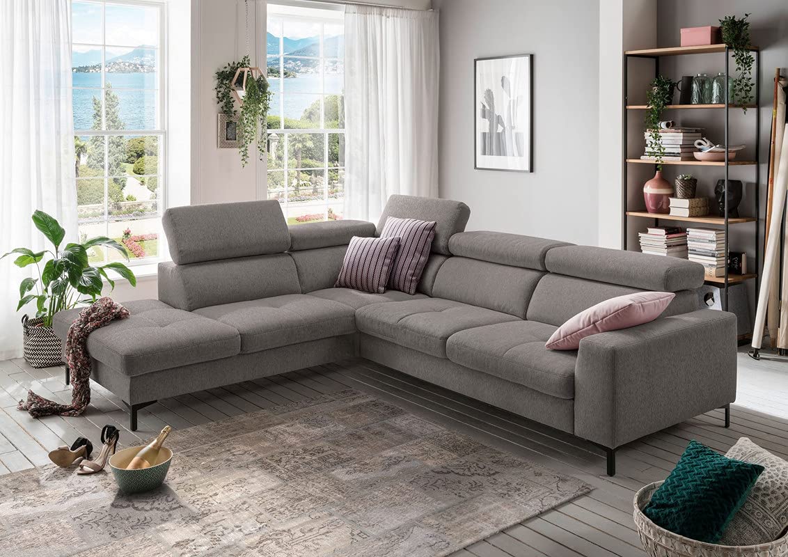 FUNTERIOR Decensy Lshape Corner 5 Seater Fabric Grey Sofa Set (RHS)