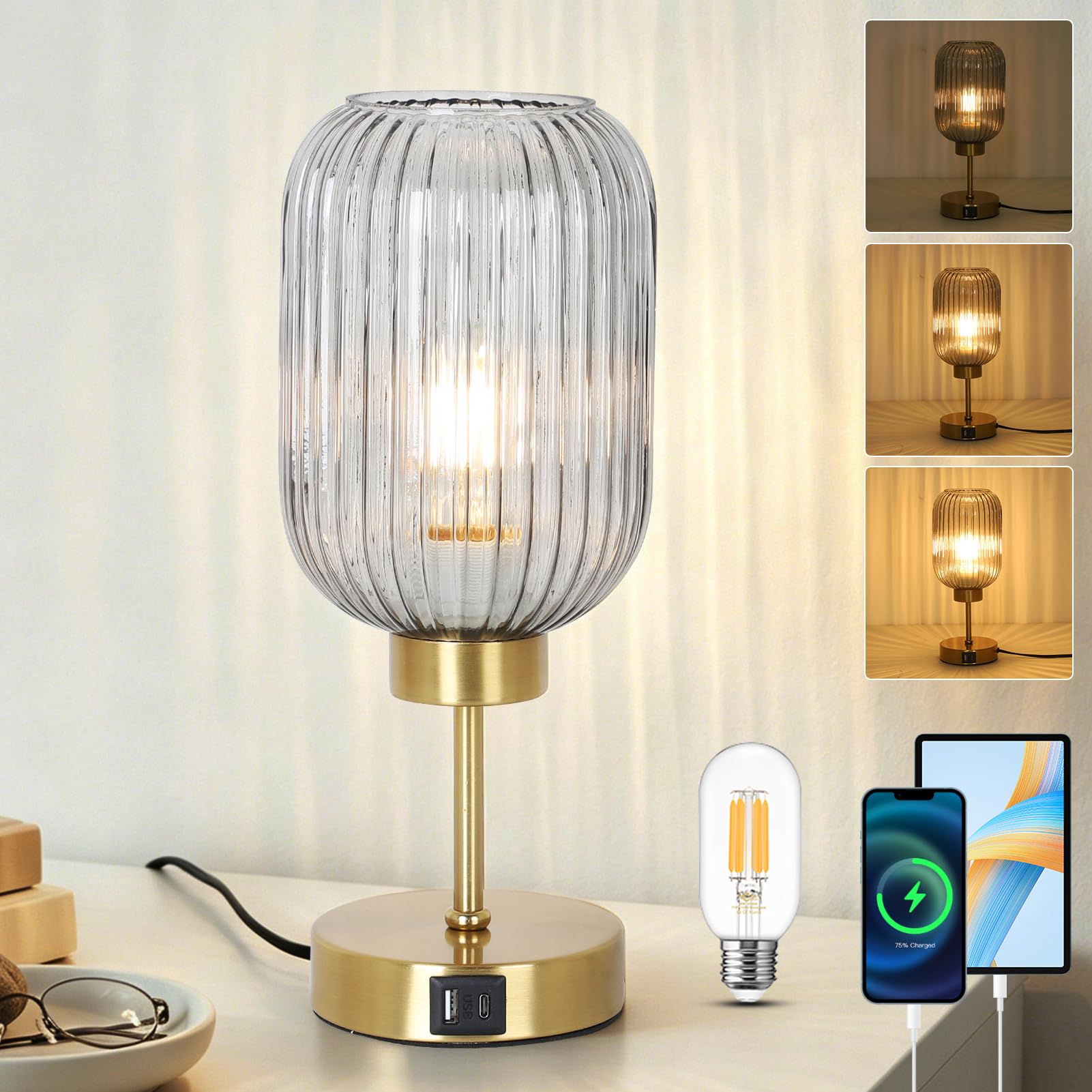 LAMSU Grey Glass Table Lamp for Bedroom with Bulb, Small Beside Lamp with USB Ports, 3 Way Dimmable Desk Lamp, Vintage Modern Nightstand Lamp for Living Room, Office, Ambient Mood Lighting