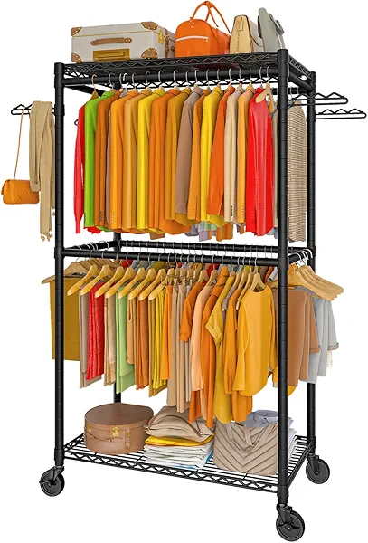 Wiracks Sturdy Clothes Rack Heavy Duty Clothing Racks Metal Rolling Coat Rack 550LBS Capacity Adjustable 2 Tier 4 Rods 36.02" L x 21.07" W x 80" H Black