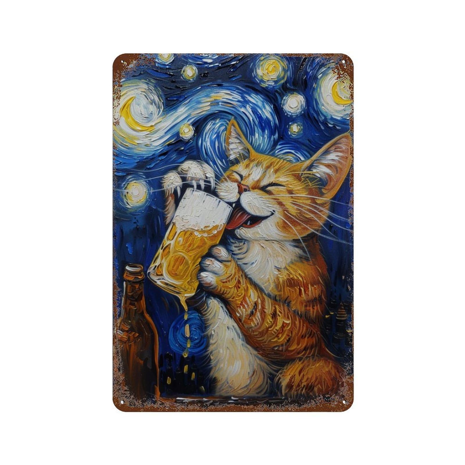 Decorative Tin Sign with Starry Night Cat with Beer -2 Design 11.8"x7.9", for Garage, Bar And Workshop Decor, Farmhouse Wall Decor