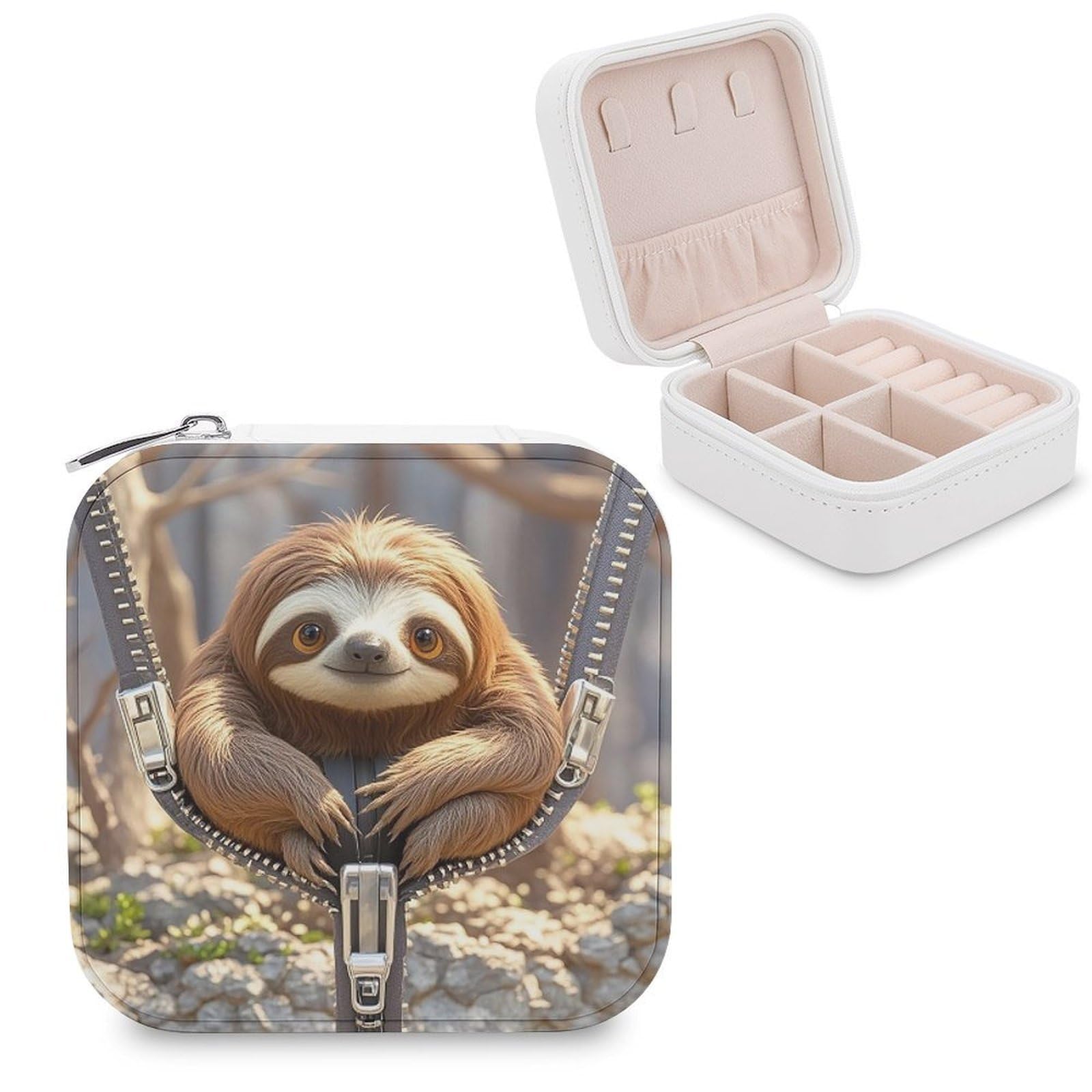 LZQPOEAS Sloth on Zipper Jewelry Box Mini Jewelry Travel Case Trendy Stuff Ring Box Custom PU Leather Jewelry Boxes Portable Jewelry Case Earring Storage Organizer for Girls Women