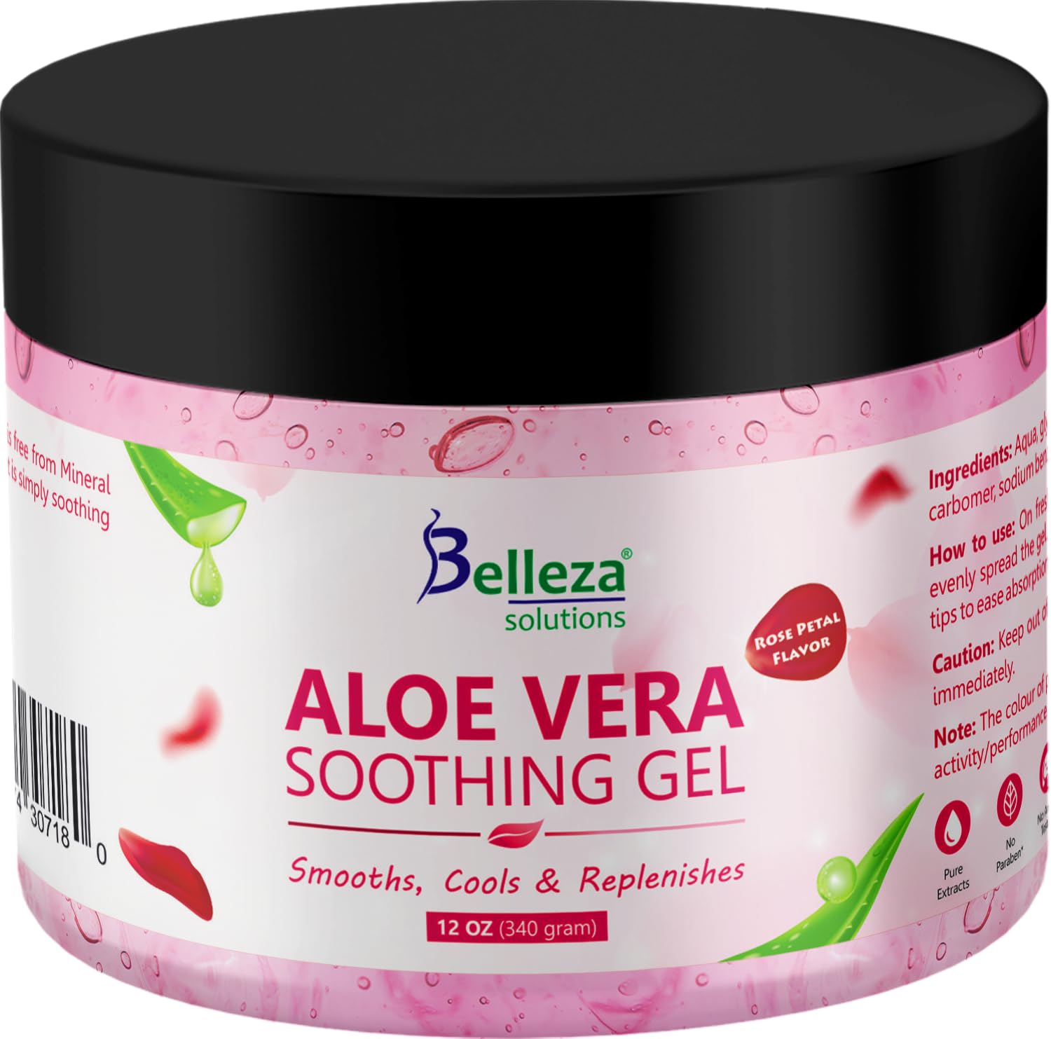 Belleza Solutions Aloe Vera Soothing Gel from freshly cut 100% Pure Aloe - Big 12oz - Vegan, Unscented - For Face, Skin, Hair, Sunburn relief (