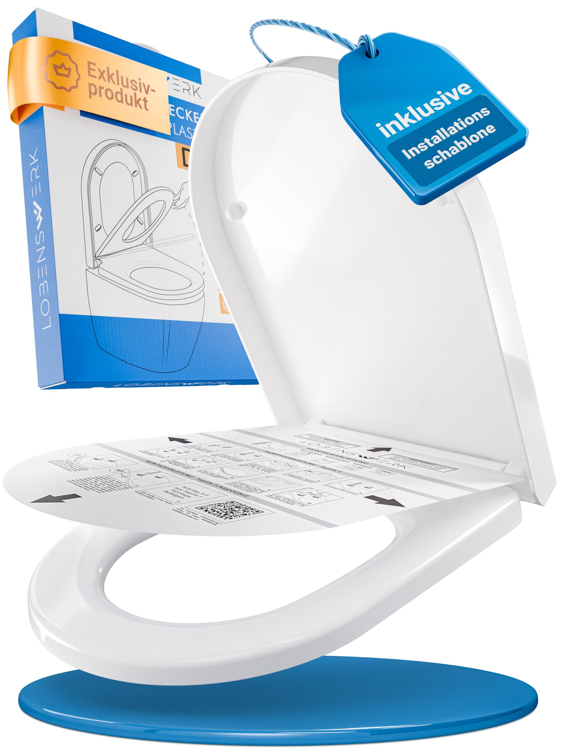 LOBENSWERK WC Sitz D Form [LANG] einfache Montage | Toilettendeckel mit Absenkautomatik | WC-Sitz D-Form, Klodeckel, Klobrille, antibakteriell & UV-beständig inkl. Installationsschablone