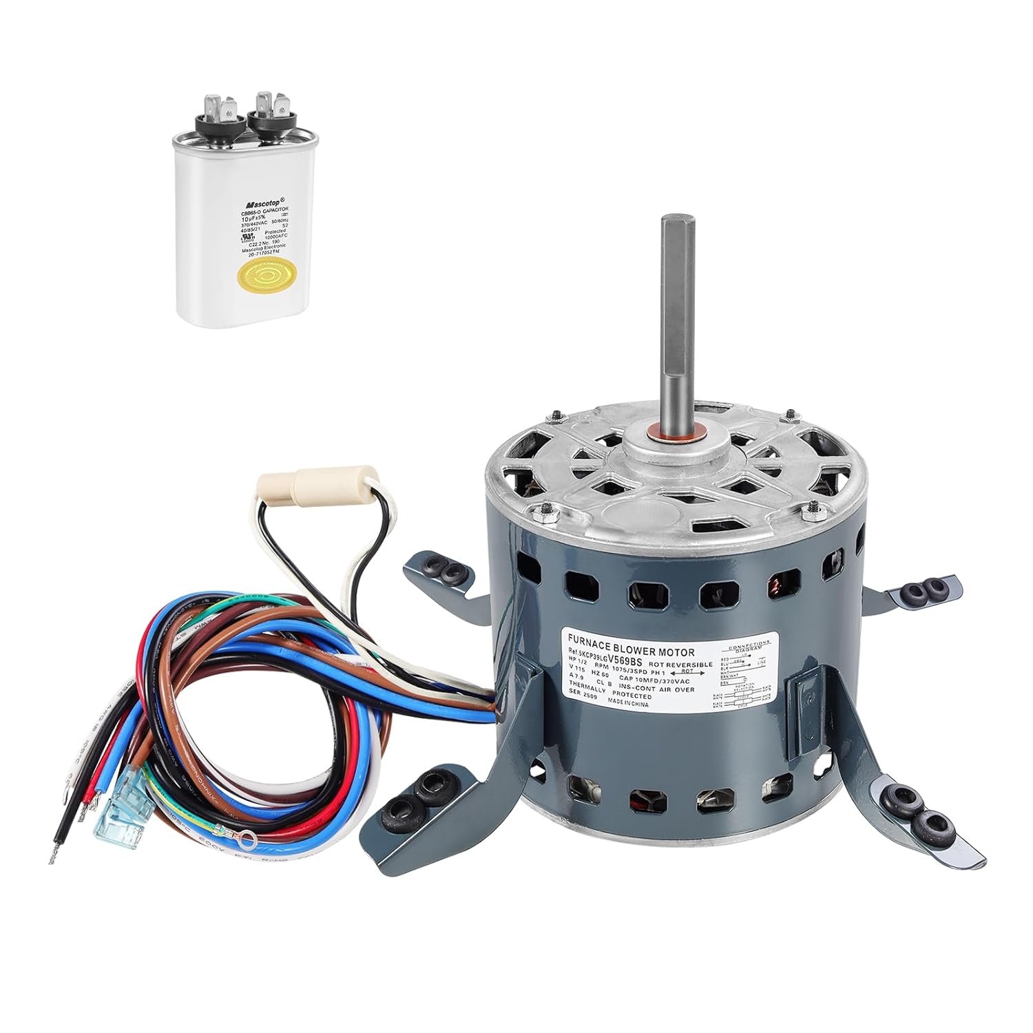 5KCP39LGV569BS Replacement Blower Fan Motor 1/2HP 115V 1075RPM 3-Speed Compatible with Carrier Bryant Payne GE Genteq Furnace, 48 Frame CW/CCW Rotation, Includes 10µF/370V Capacitor