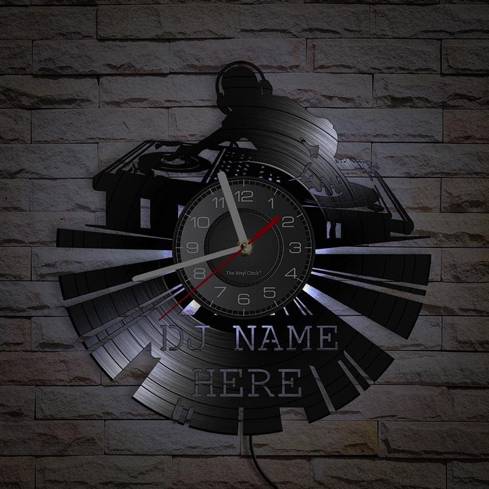 Custom DJ Name Vinyl Record Wall Clock with Color Changing Light Vintage Music Disk DJ Name Personalized Your Name Silent Quartz Watch Rock N Roll Music Retro Gift (with Light)