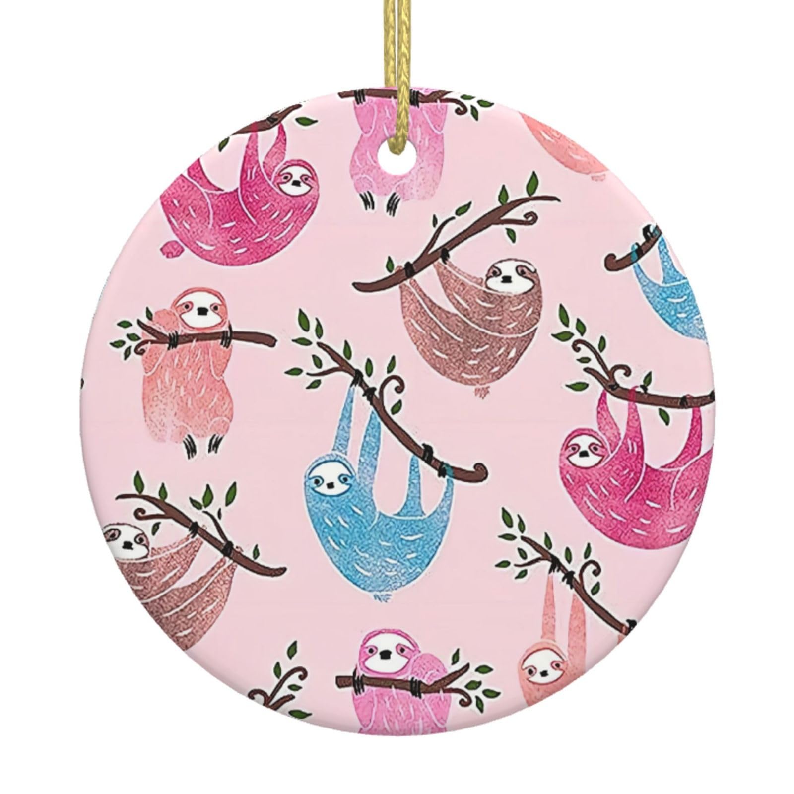 Naughty Sloth Print Christmas Ornaments, Ceramic Hanging Ornament, Round Shape Decorations