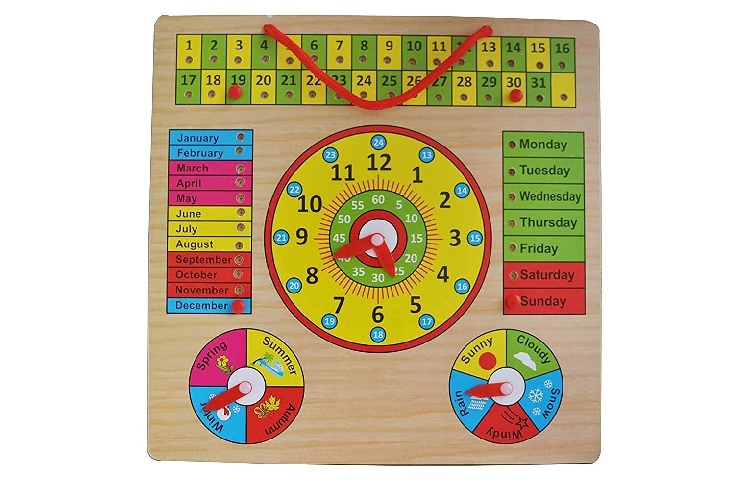 Elburs | Wooden Educational Learning Calendar Play Clock Hanging Weather Seasons Wall Mountable with Knobs Educational Toy Board for Kids (B094YBHG22) Amazon Price History, Amazon Price Tracker