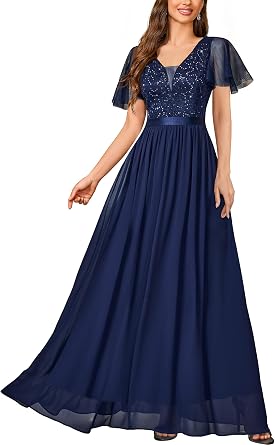 Miusol Womens Elegant Deep-V Neck Ruffle Tulle Sleeve Sequin Lace Formal Maxi Dress