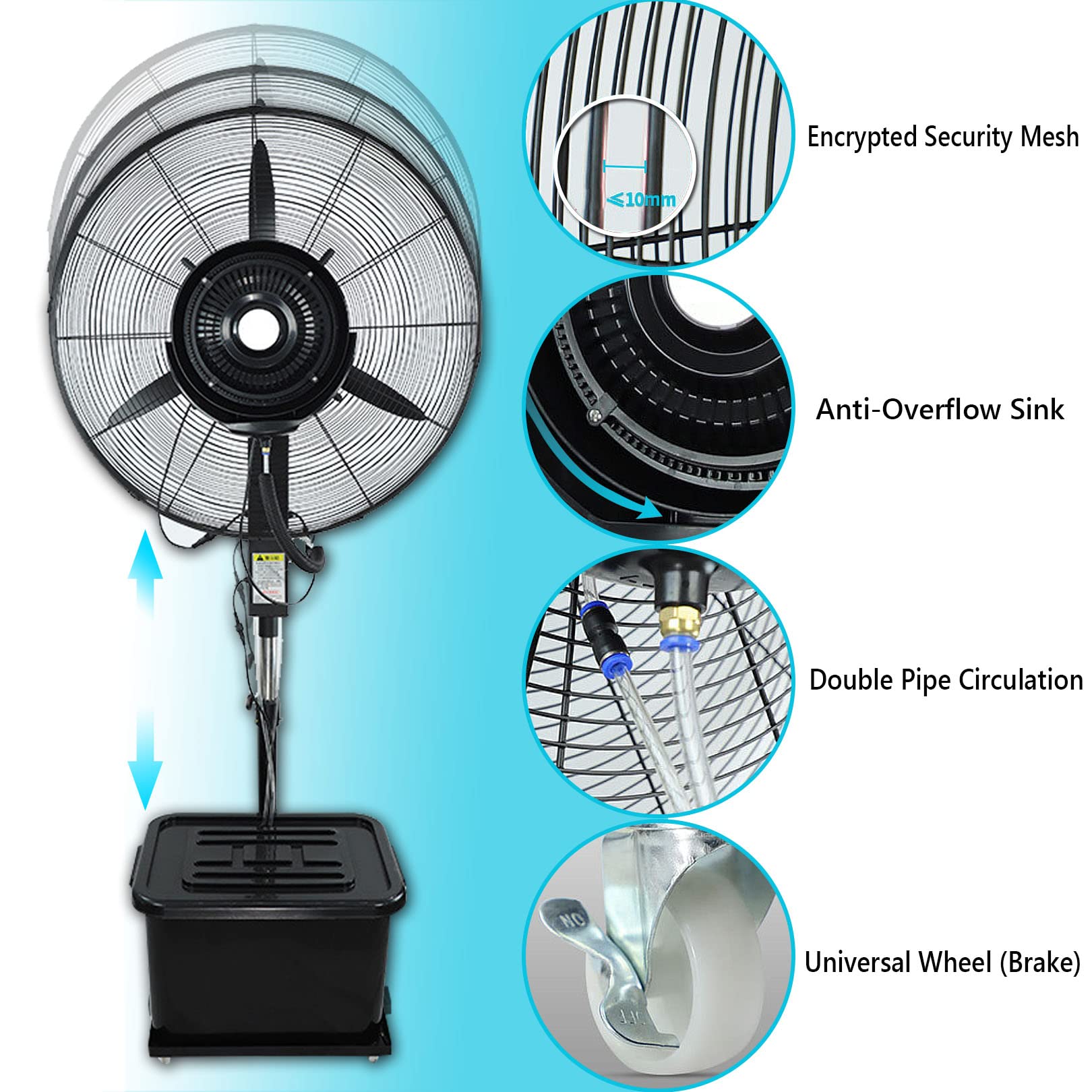 Ventilatore nebulizzatore oscillante portatile con grande serbatoio d'acqua, ventilatore industriale regolabile in altezza, 3 impostazioni di velocità, perfetto per uso esterno, 80 cm