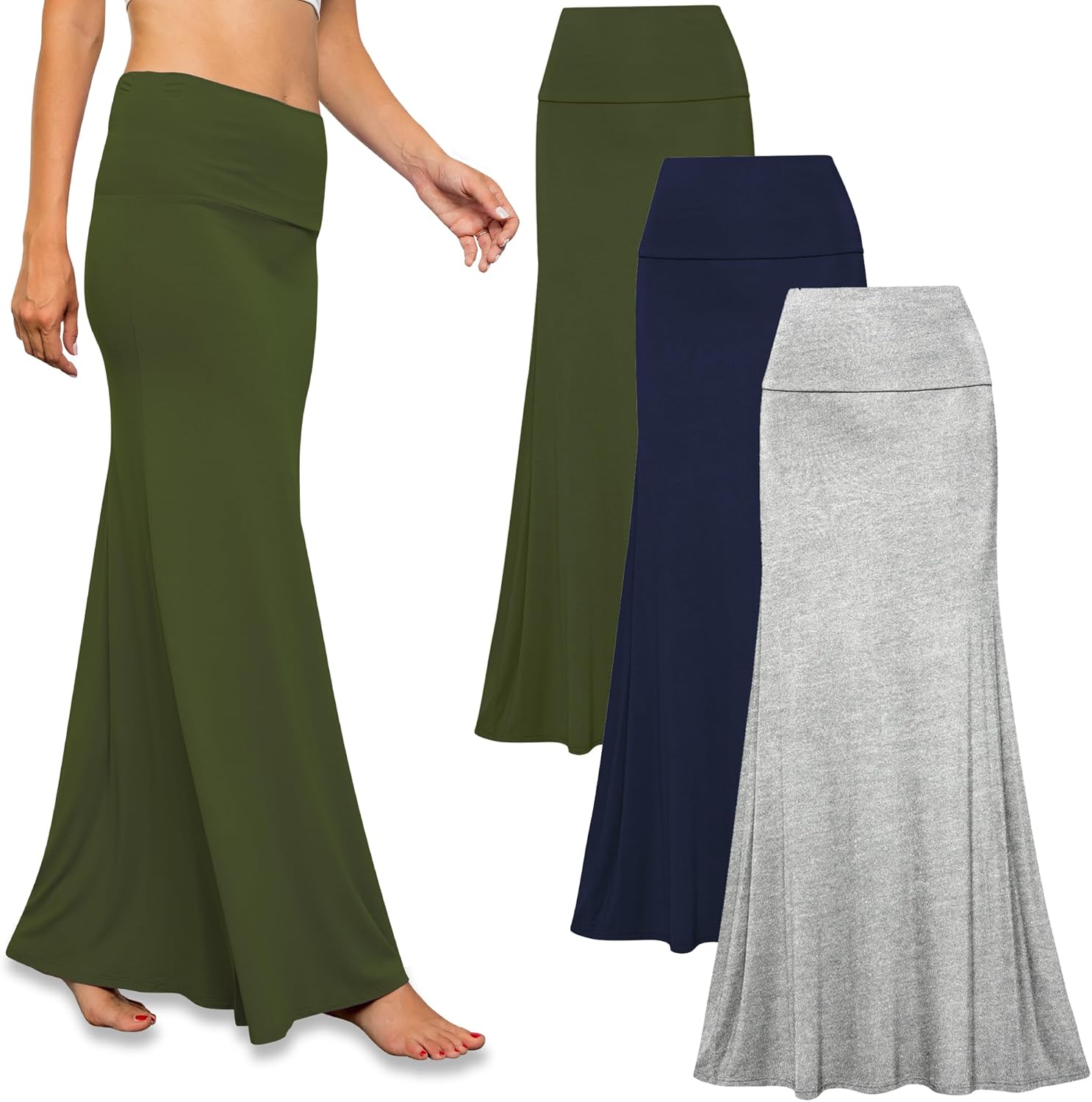 Free to Live 3 Pack Long Skirts for Women Fall Stretchy Flowy Maxi Skirt Dressy Casual for Work, Soft Fold Over High Waisted