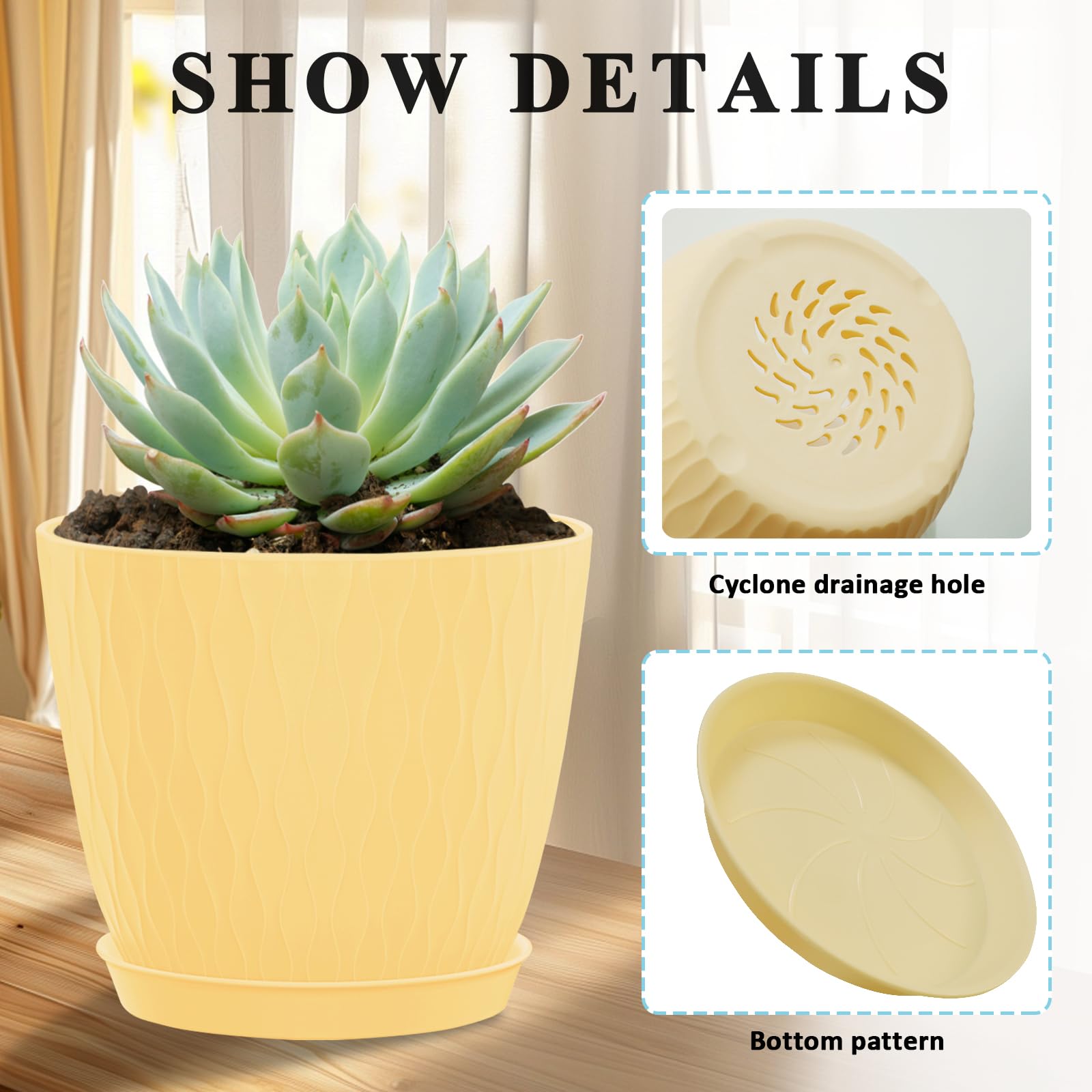 Macetas de 6 pulgadas para plantas con agujeros de drenaje y platillo, paquete de 5 macetas de plástico para plantas de interior para plantas al aire libre, decoración del hogar, macetas de