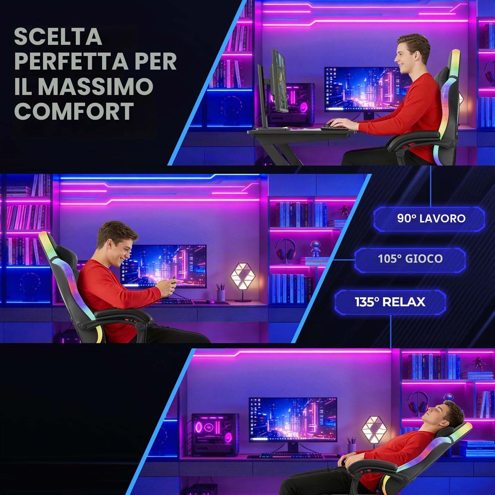 GTPLAYER Sedia da gioco, sedia da ufficio, sedia da gioco con barra luminosa a LED, sedia da giocatore, schienale con custodia, sedia ergonomica in PC con telecomando