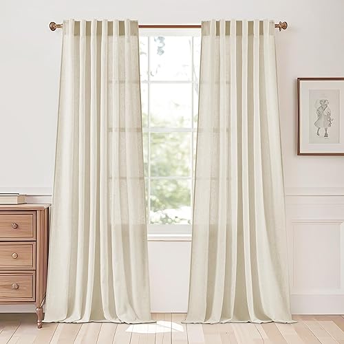StangH 2 paneles de cortinas traslúcidas de lino de 84 pulgadas de largo, con pestaña trasera color beige natural, cortinas de decoración neutral,