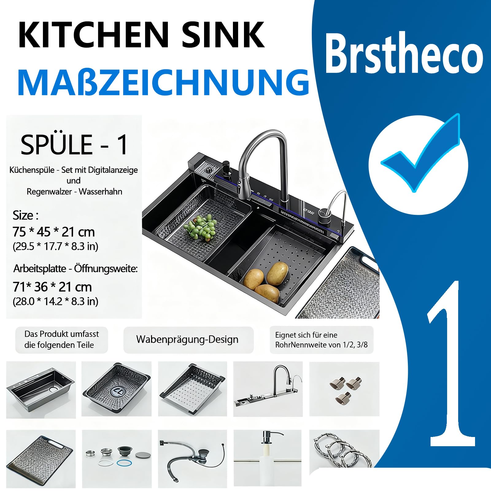 Fregadero Cocina 75 x 45cm,Fregadero Acero Inoxidable Grifo extraíble,fregadero negro Dispensador de jabón,Fregadero Bajo Encimera Pantalla de visualización (Fregadero de cocina 1)