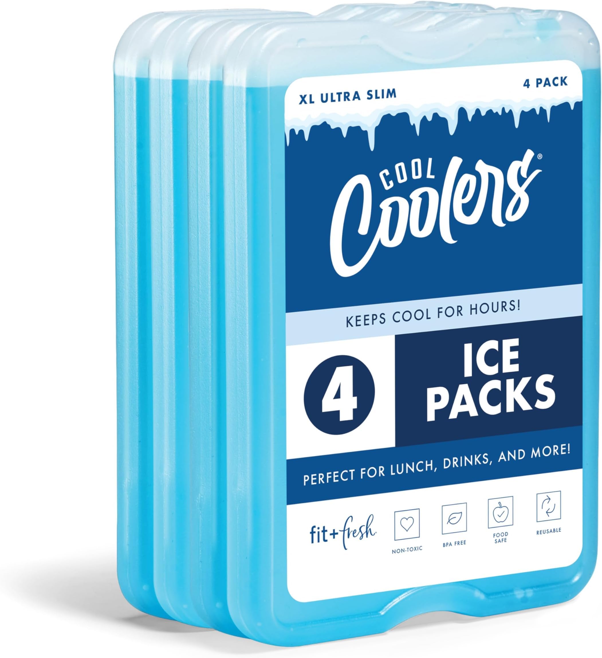 Cool Coolers by Fit &amp; Fresh 4 Pack XL Slim Ice Packs, Quick Freeze Space Saving Reusable Ice Packs for Lunch Boxes or Coolers