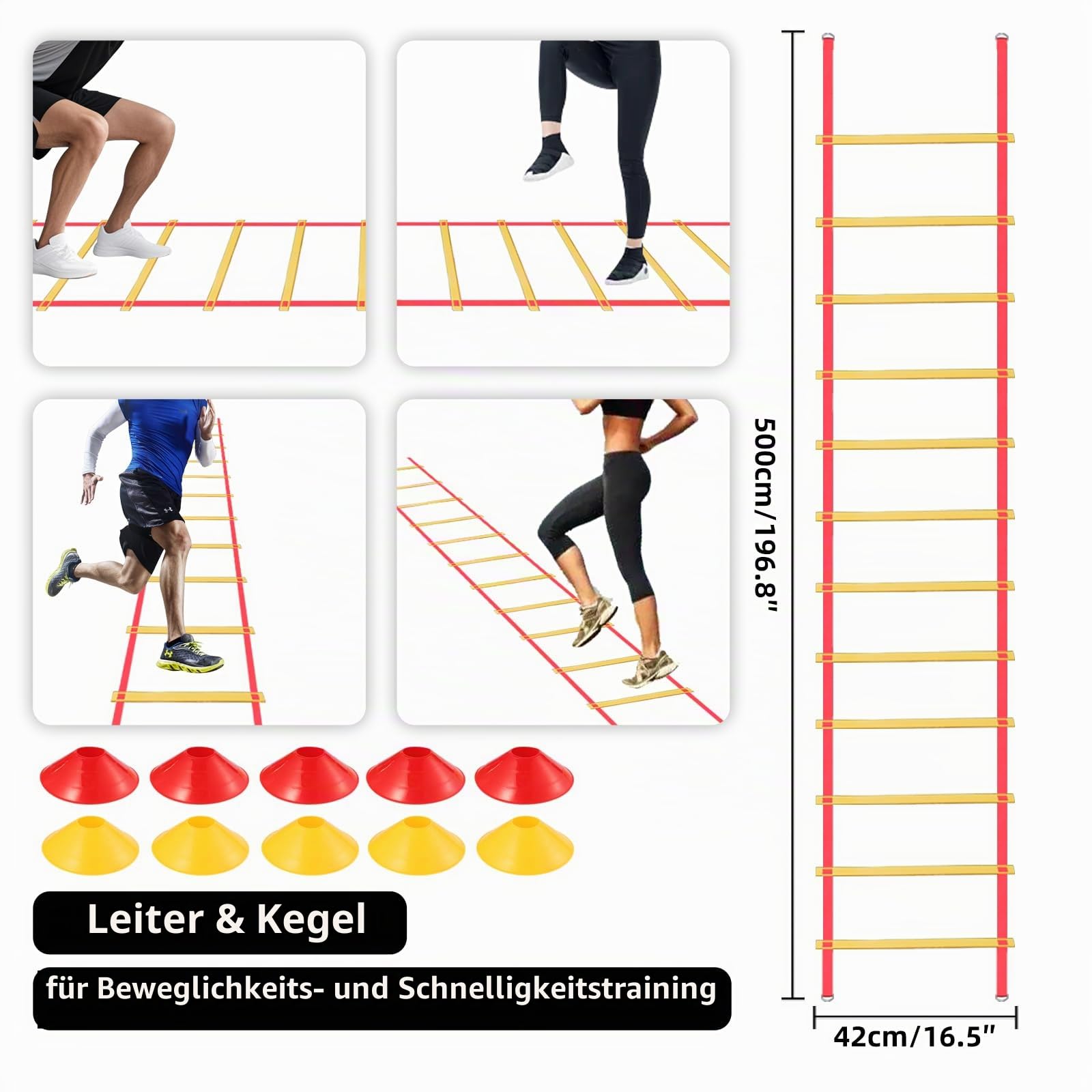 Fußball-Agility-Trainingsstangen-Ausrüstung mit Tasche, 6 Agility-Stangen, 3 horizontale Stöcke, 1 Agility-Leiter mit Tasche, 10 Fußball-Kegel, multifunktionale Geschwindigkeitstrainingsausrüstung für