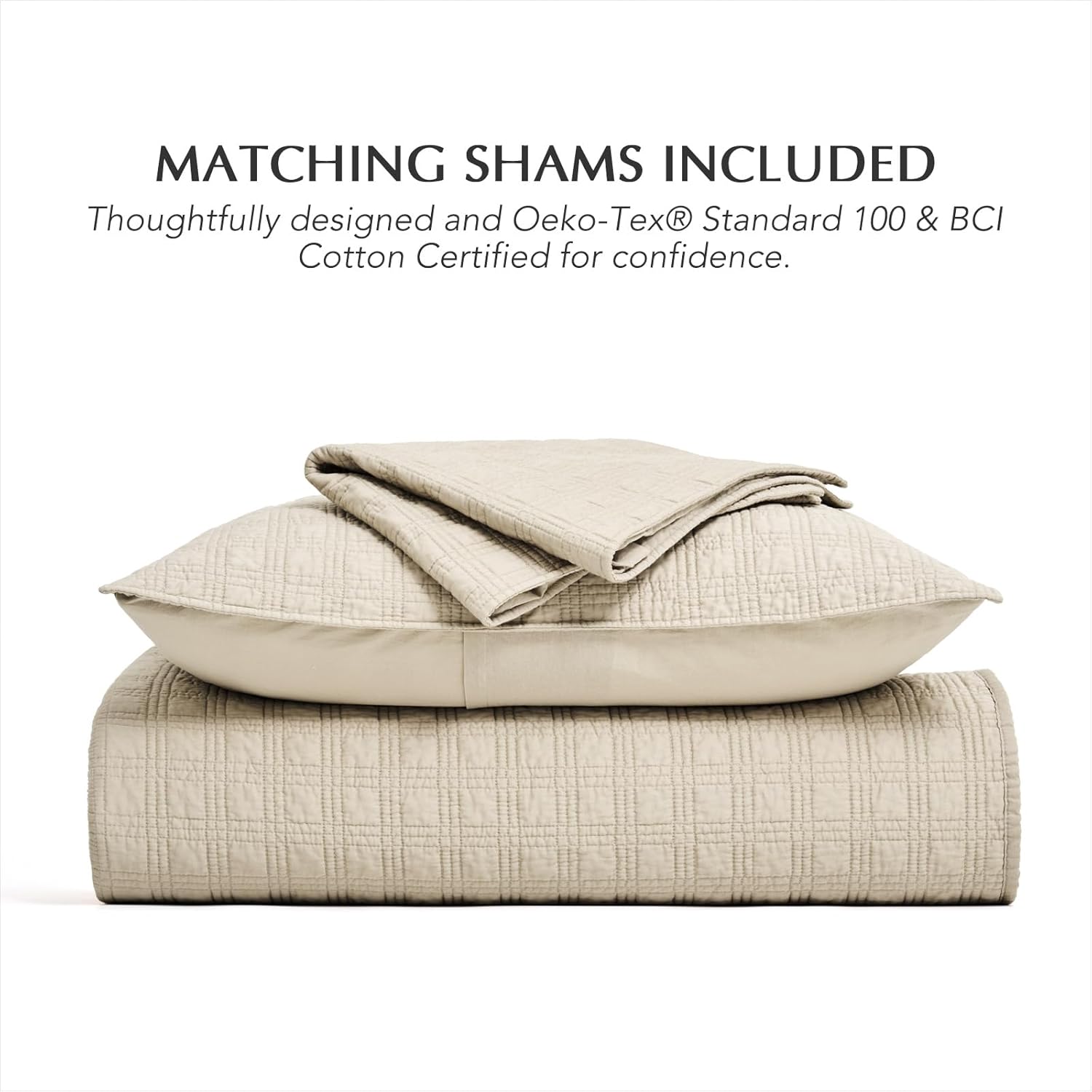 EVERGRACEHOME Windowpane Cotton Sateen Quilt Set King Size, Pre-Washed 100% Cotton Coverlet Bedspread, 3-Piece Soft Lightweight Bedding Set with 2 Shams for All Seasons, Light Taupe