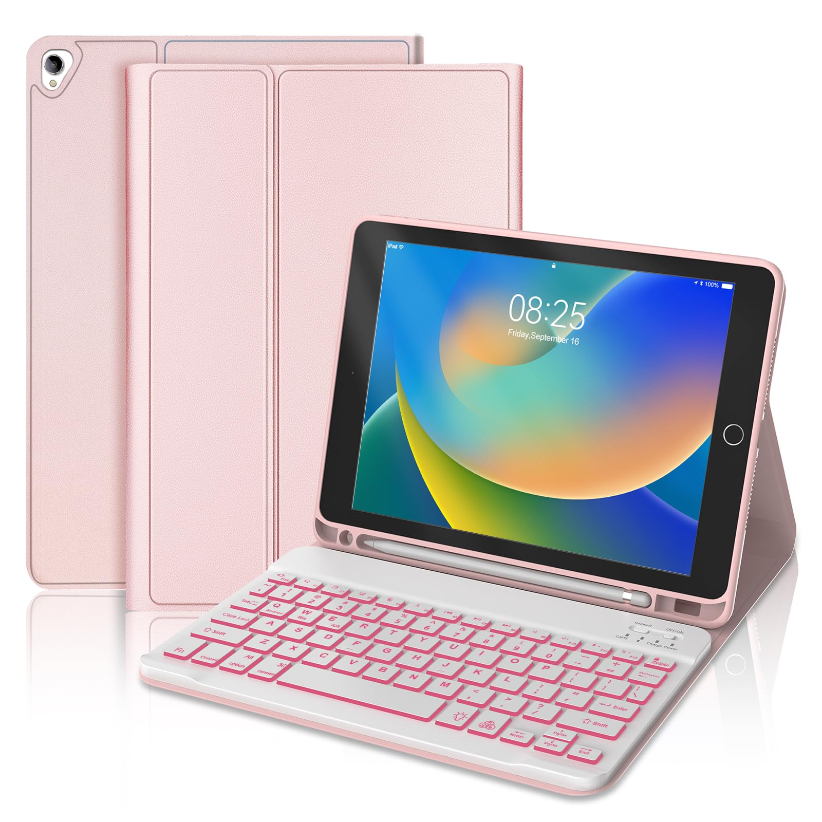 BORIYUAN iPad 9th 2021/8th/7th Generation Keyboard Case, 7 Colors Backlit Detachable Keyboard Slim Folio Smart Cover for iPad 10.2"/iPad Air 10.5"(3rd Gen)/iPad Pro 10.5" with Pencil Holder – Pink