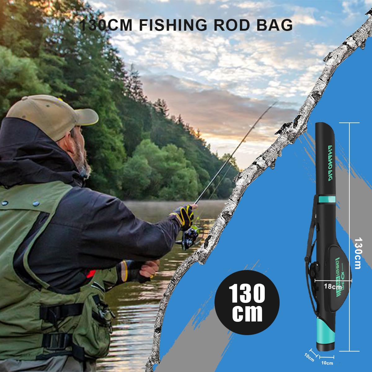 Funda para Cañas de Pescar Impermeable 130 cm, Mochila Pesca con Dos Bolsillos Laterales
