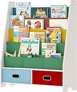 SEIRIONE Kids Book Shelf, Children Display Rack, 4 Sling and 2 Storage Boxes for Toys Organizer, White