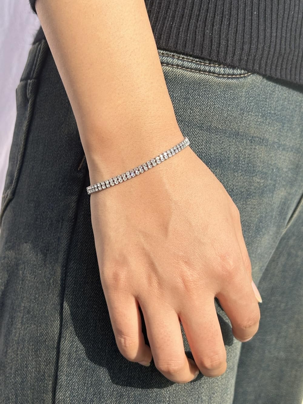 WangGao Dual Row Stainless Steel Rhinestone Tennis Bracelets for Women | Sparkling Crystal Tennis, Cubic Zirconia, Bridal Wedding Bridesmaid, For Women