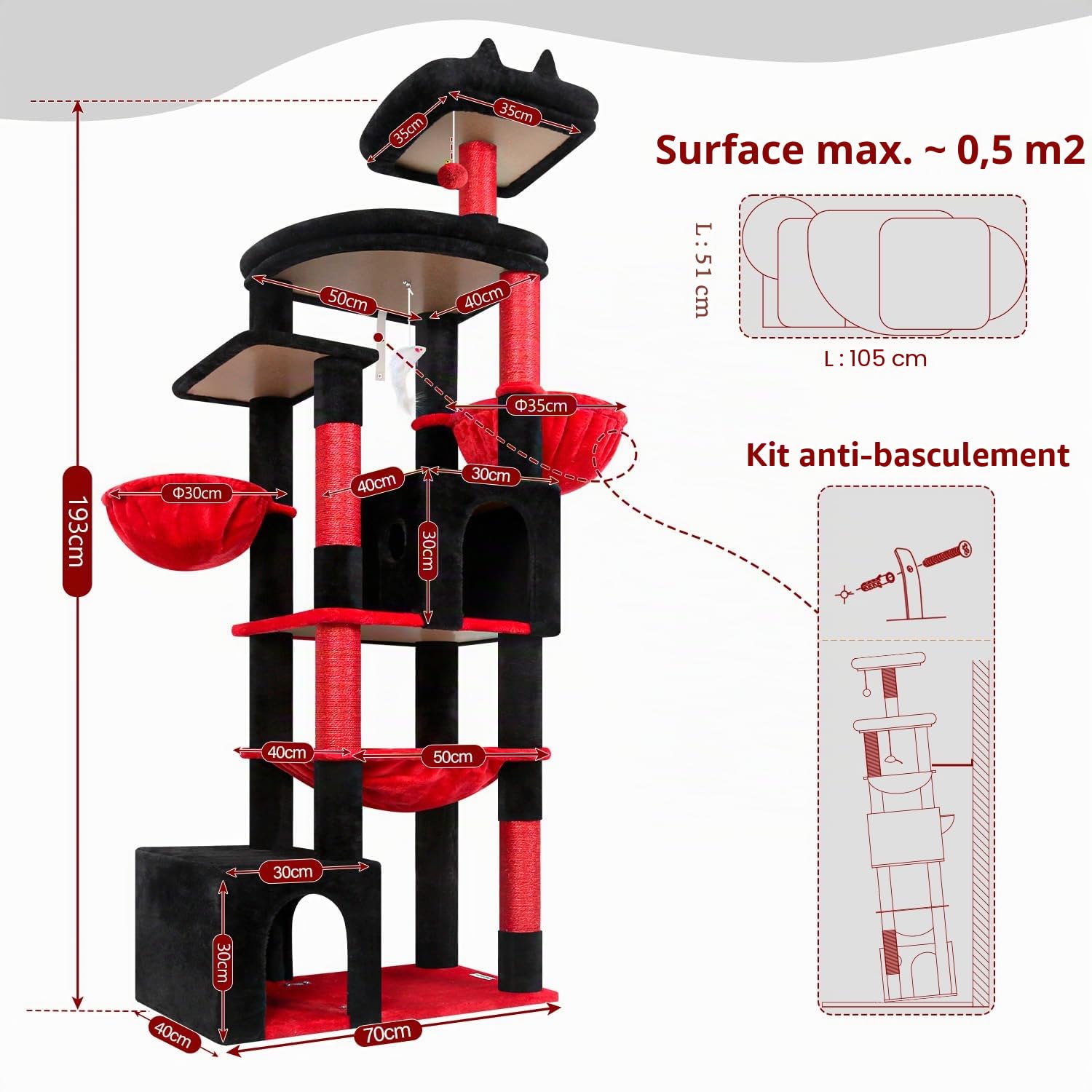 Globlazer Arbre a Chat Noir Rouge XXL 193 cm avec 2 Grande Niches, Immenso Hamac, Vaste Plate-Forme, 2 Panier, Perchoirs, Énorme Gothique Arbres à Chats Stable pour 3-5 Gros Chats (S76B, Noir Rouge)