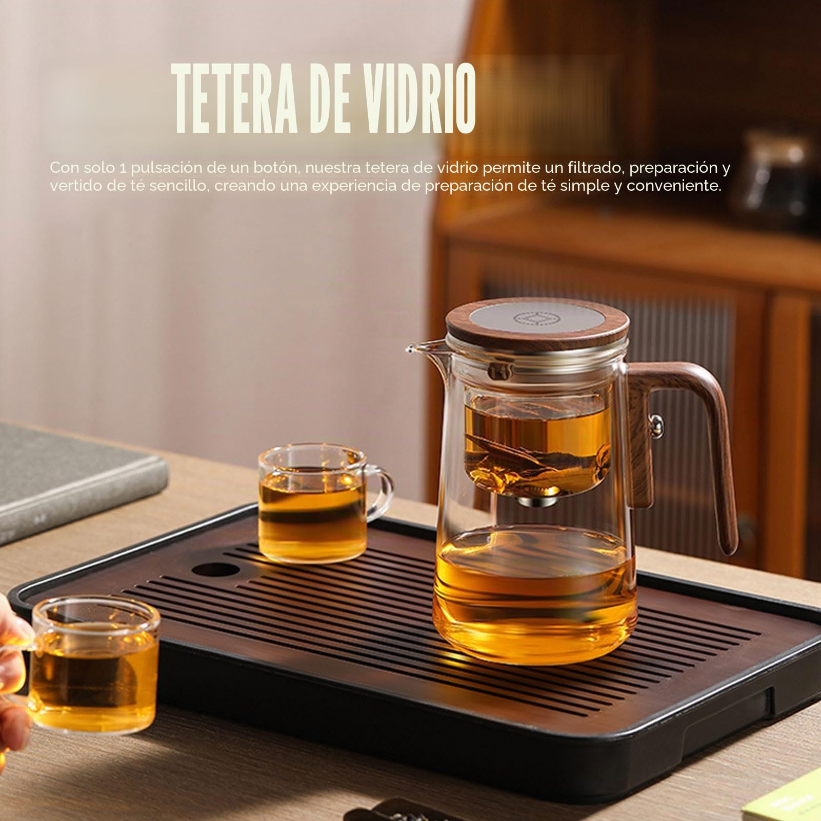 Vaporizador de Té En Hojas Sueltas, 800ml Separación del Agua Tetera de Vidrio con Colador Mango de Madera Interruptor Magnético, Infusor de Té | Jarra de Té para Casa