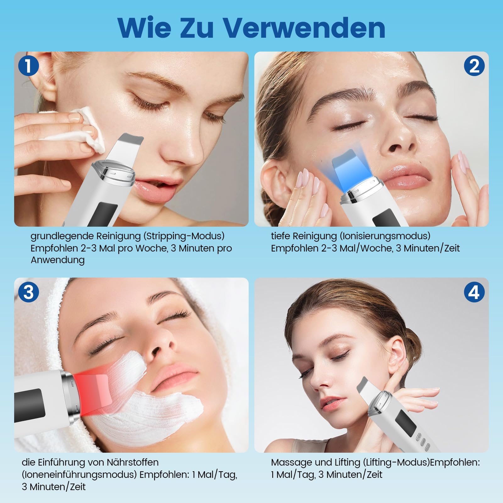 Skin Scrubber a ultrasuoni, pulitore per pori, elettrico con 4 modalità e luce rossa, luce blu, dispositivo ad ultrasuoni, dispositivo ad ultrasuoni per la pulizia del viso (bianco)