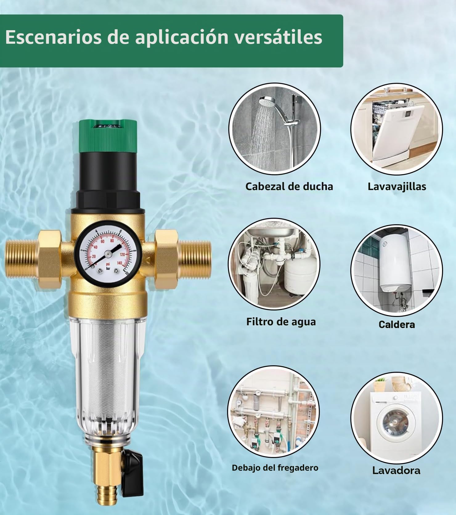 6 filtros de retrolavado con reductor de presión y manómetro, filtro de agua para conexión doméstica de 3/4 pulgadas DN 20, filtro de agua, prefiltro, filtro de sedimentos, regulador de