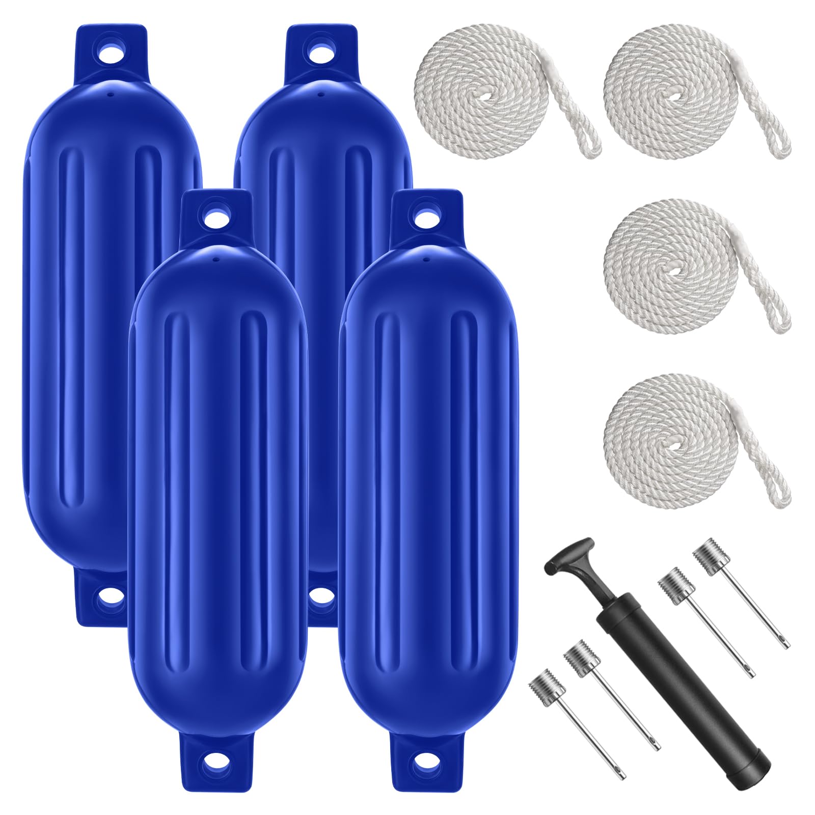 Parafanghi per barca, 16,5 x 58,6 cm, con doppio occhiello, a coste, confezione da 4, con linee e pompa per gonfiare per attracco, colore: blu