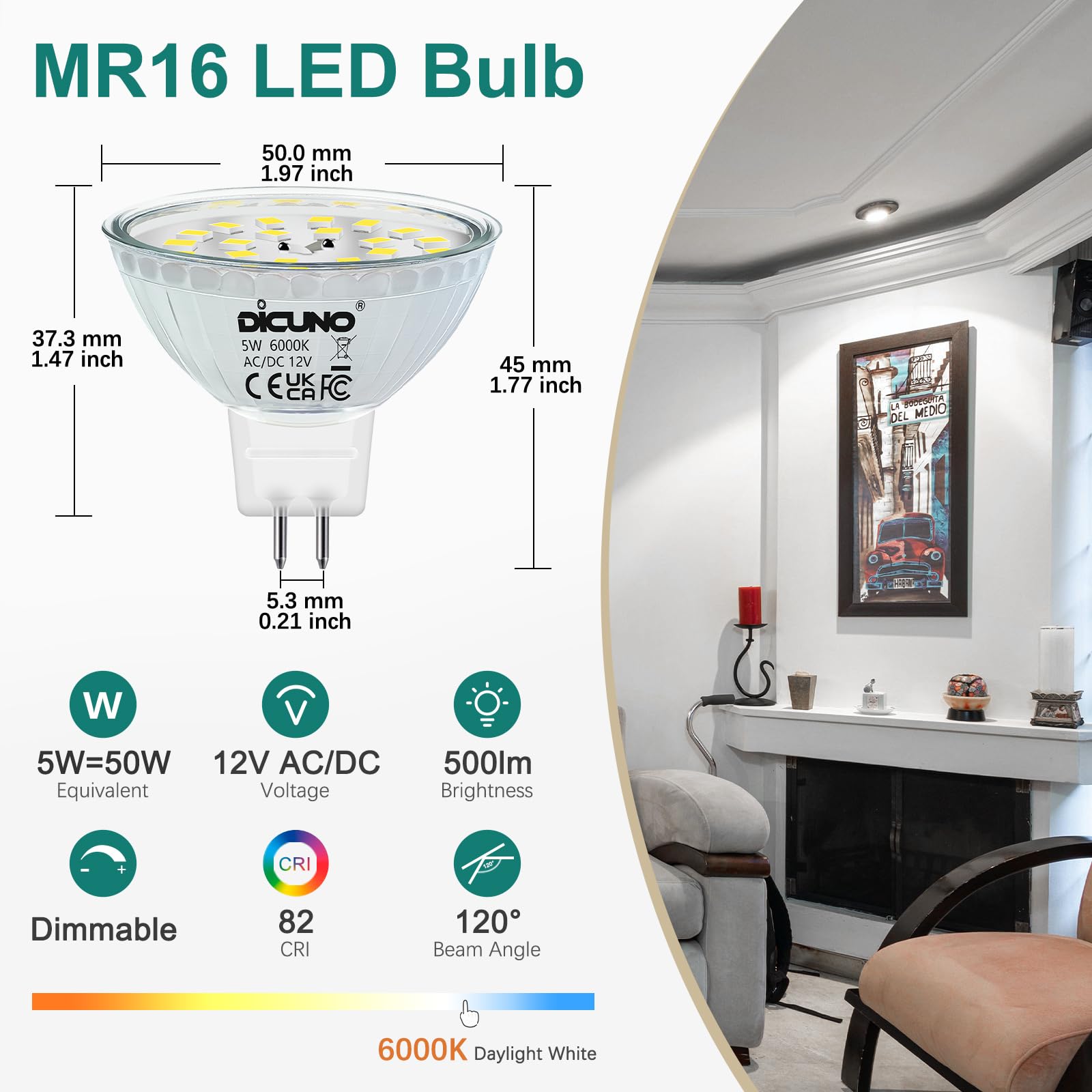 DiCUNO Lampadina LED GU5.3 Dimmerabile, 5W=50W, 6000K, 500lm, 10 Pezzi