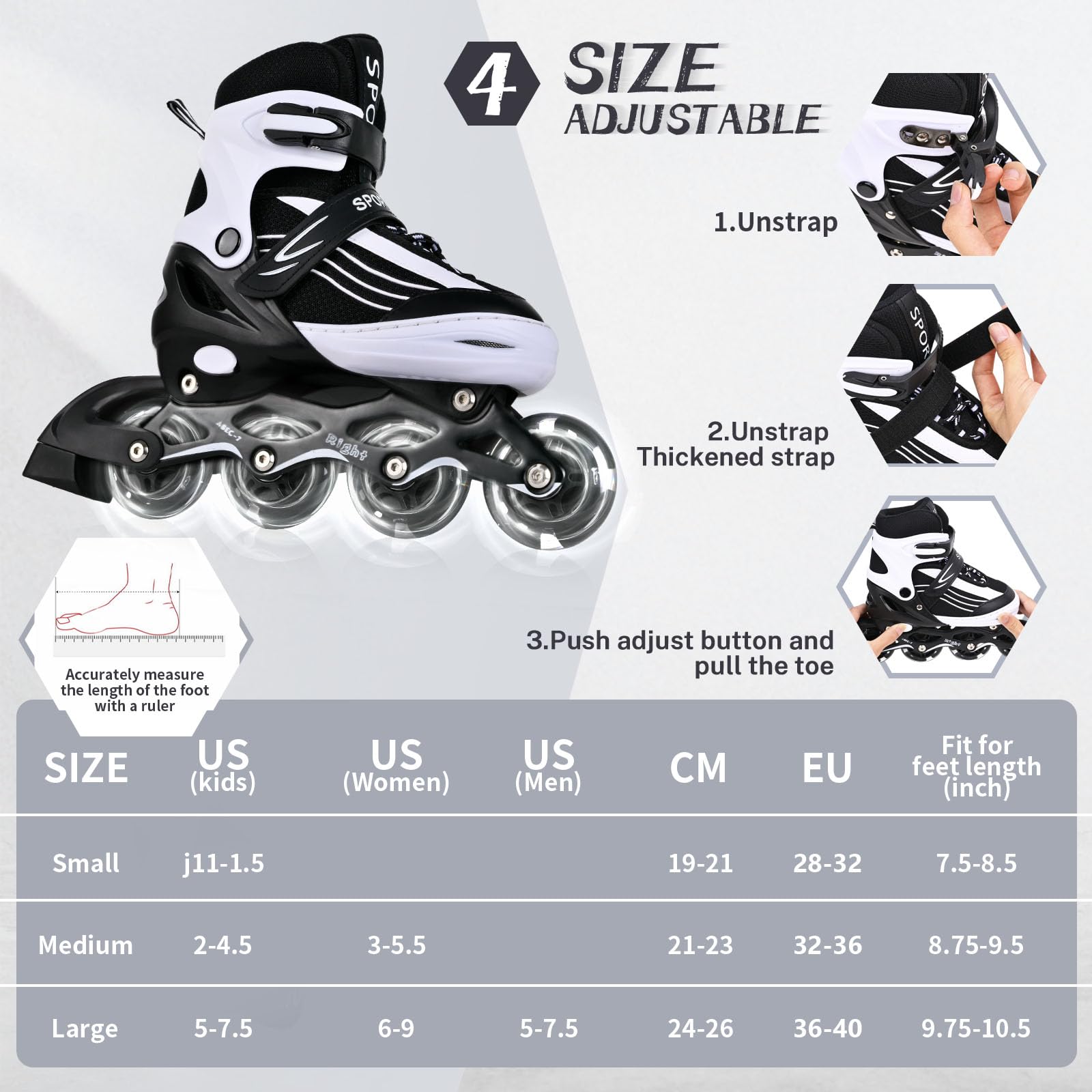 MGYZM Patins à roulettes en Ligne pour garçons et Filles, Noir Blanc Roller Enfants pour Adolescents et Adultes avec Roues Lumineuses pour Les Sport (Noir Blanc, M (EU 32-36)) - 3