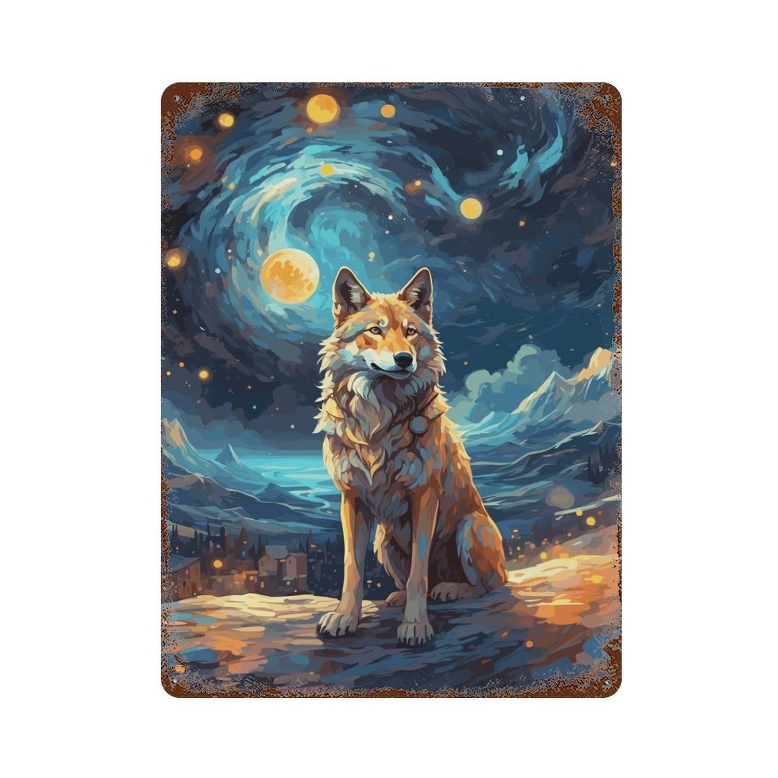 Vintage Rust Metal Sign Wolf Starry Night 15.7"x11.8", Shabby Chic Decor for Cafe, Home Bar And Lounge Decor
