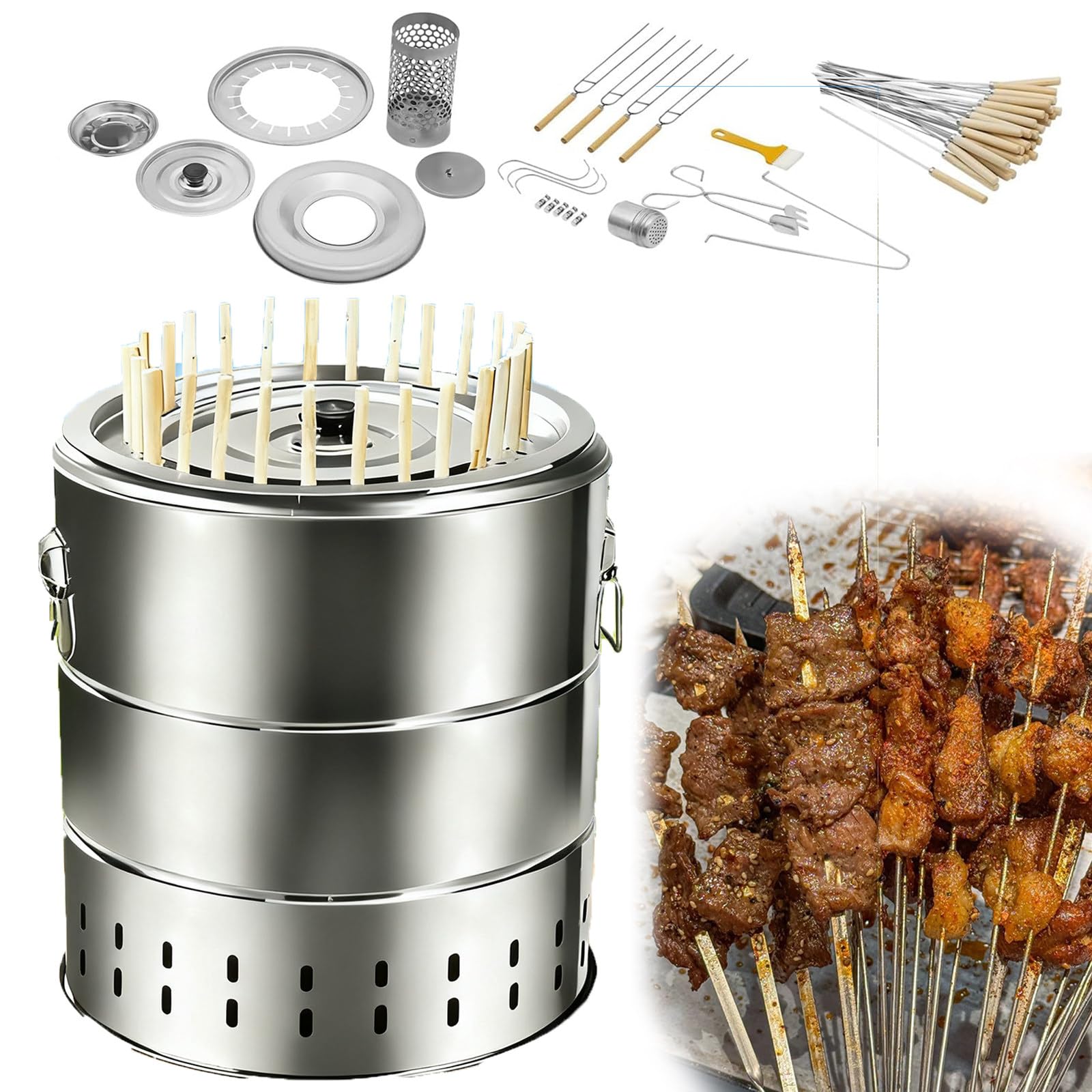 Przenośny grill na węgiel drzewny, pionowy grill bezdymny z gotowaniem 360°, 30 szpikulców, idealny do użytku rodzinnego na zewnątrz i na kemping RB30