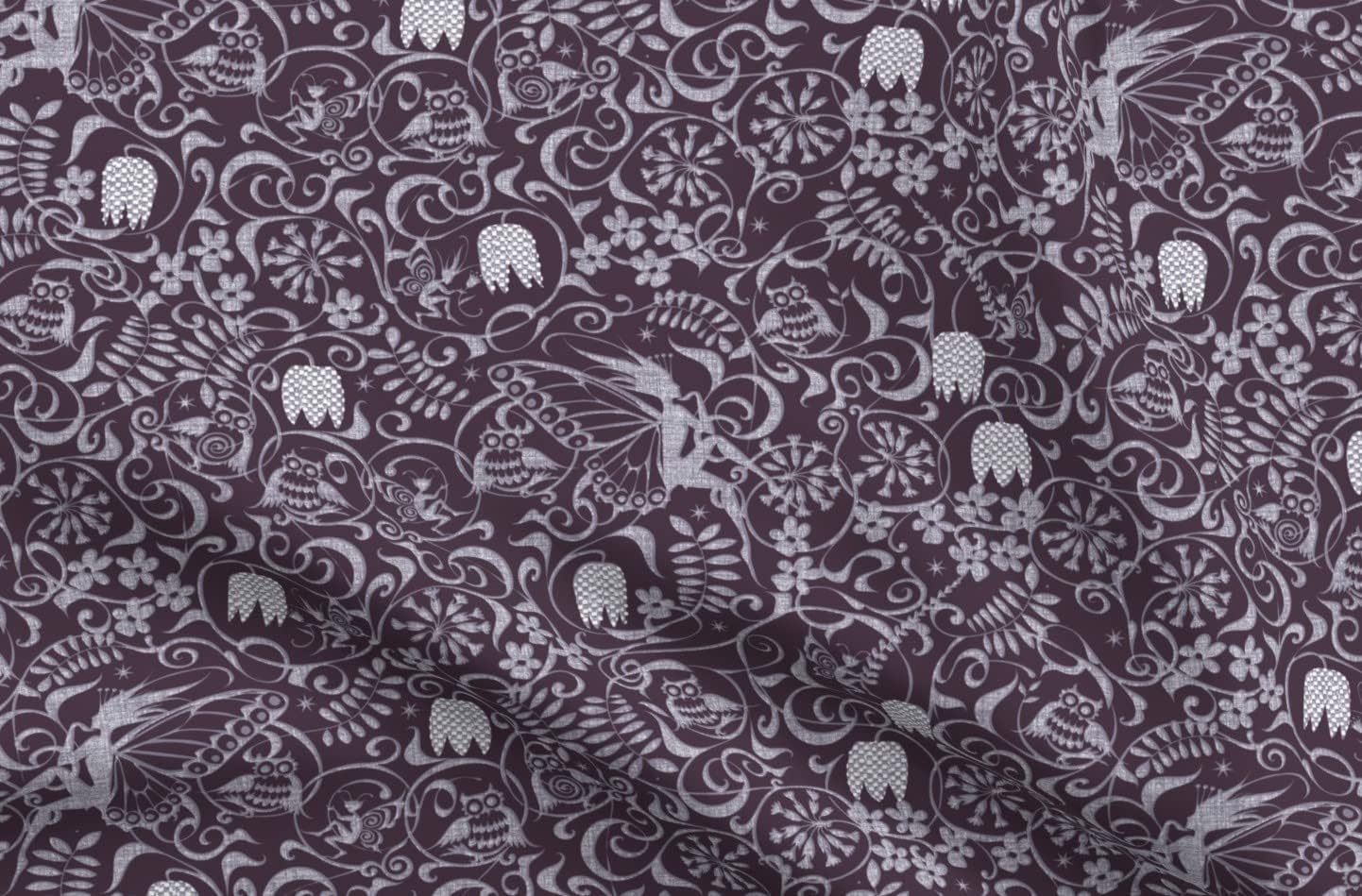 Spoonflower Fabric - Midnight Violet Owl Fairy Star Printed on Upholstery Velvet Fabric Fat Quarter - Upholstery Home Decor Bottomweight Apparel