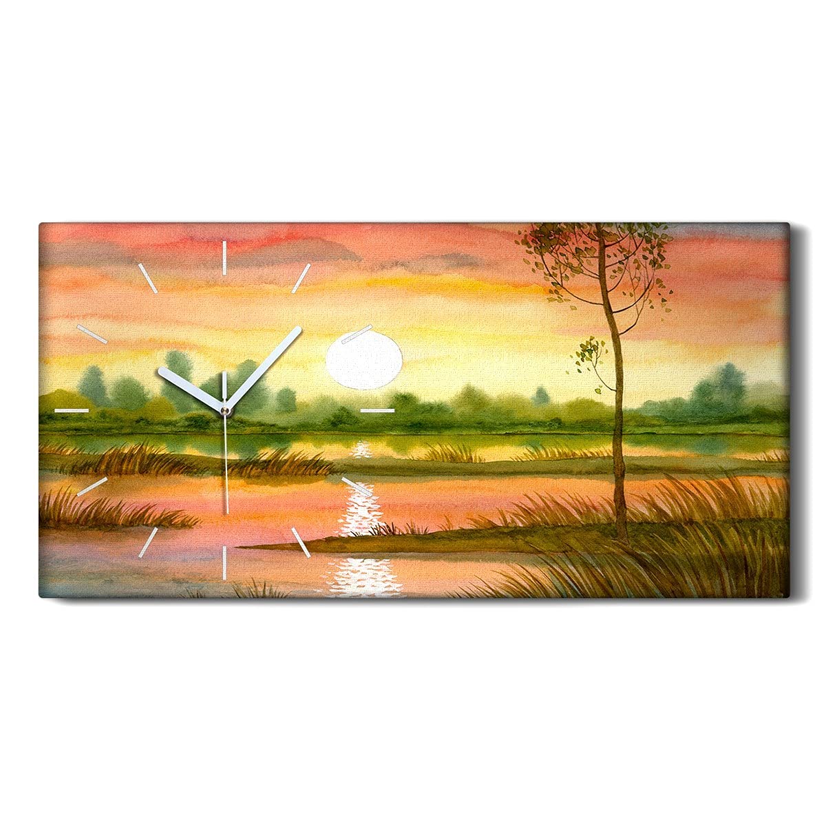 Horloge sur Toile Silencieuse Aquarelle Tree Sun Décoration Art Mural Moderne