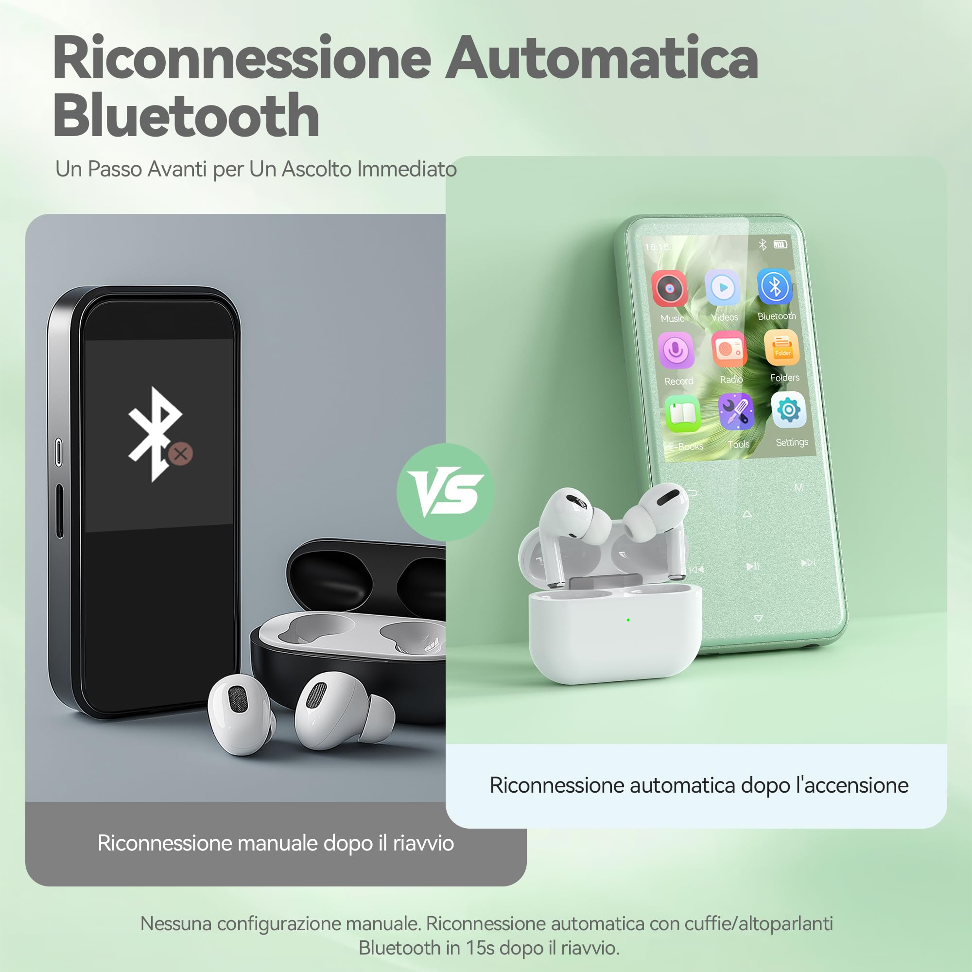 AGPTEK Lettore MP3 Bluetooth 5.3, Lettore Musicale da 64 GB in Metallo, Schermo da 2,4", Qualità Sonora HiFi, MP4 con Pulsanti Touch, Altoparlante, Radio FM, Registratore, 60 Ore di Musica, Verde