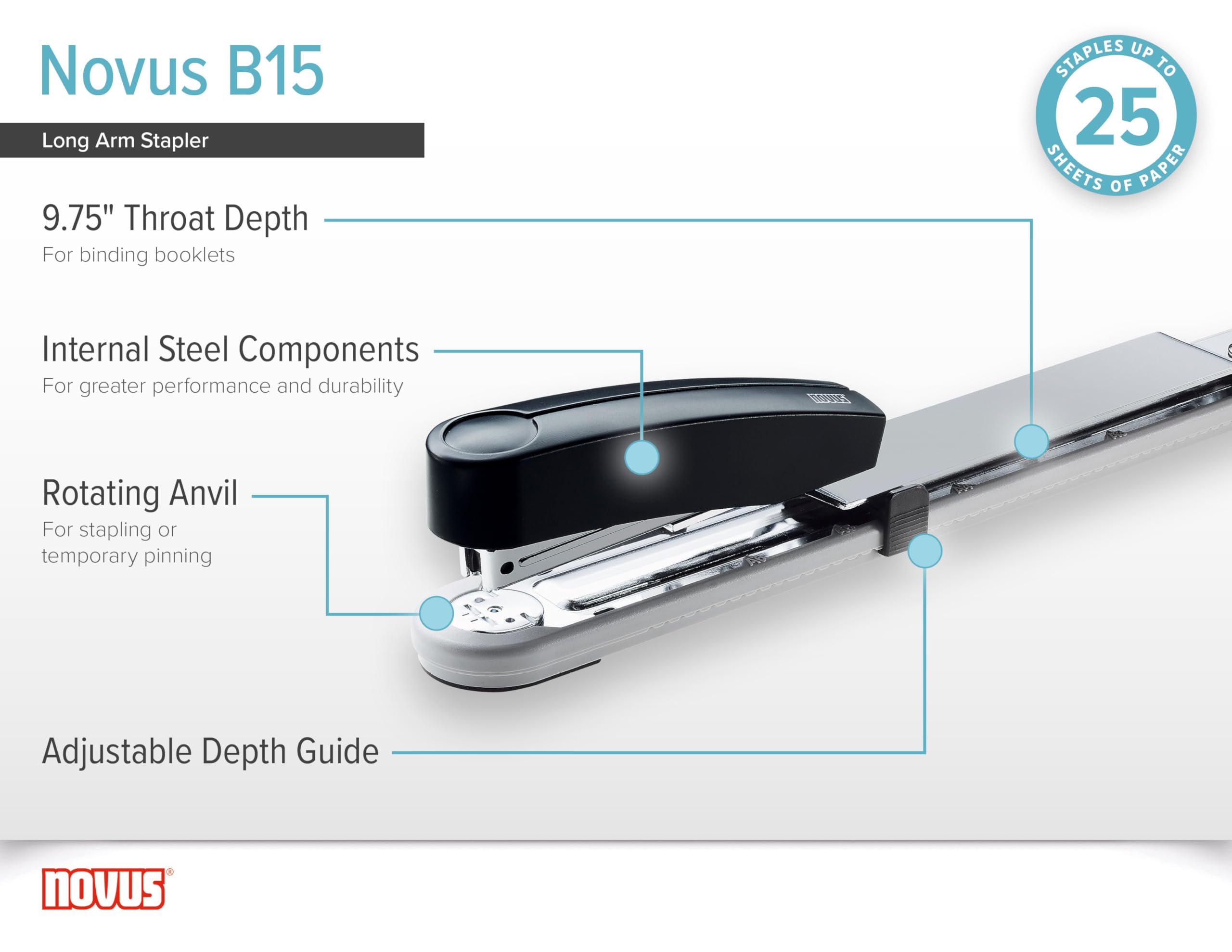 Novus B 15 Heftgerät/Langarmhefter (mit bis zu 250 mm Einlegetiefe, für 25 Blatt (80 g/m²)) lichtgrau/tiefschwarz