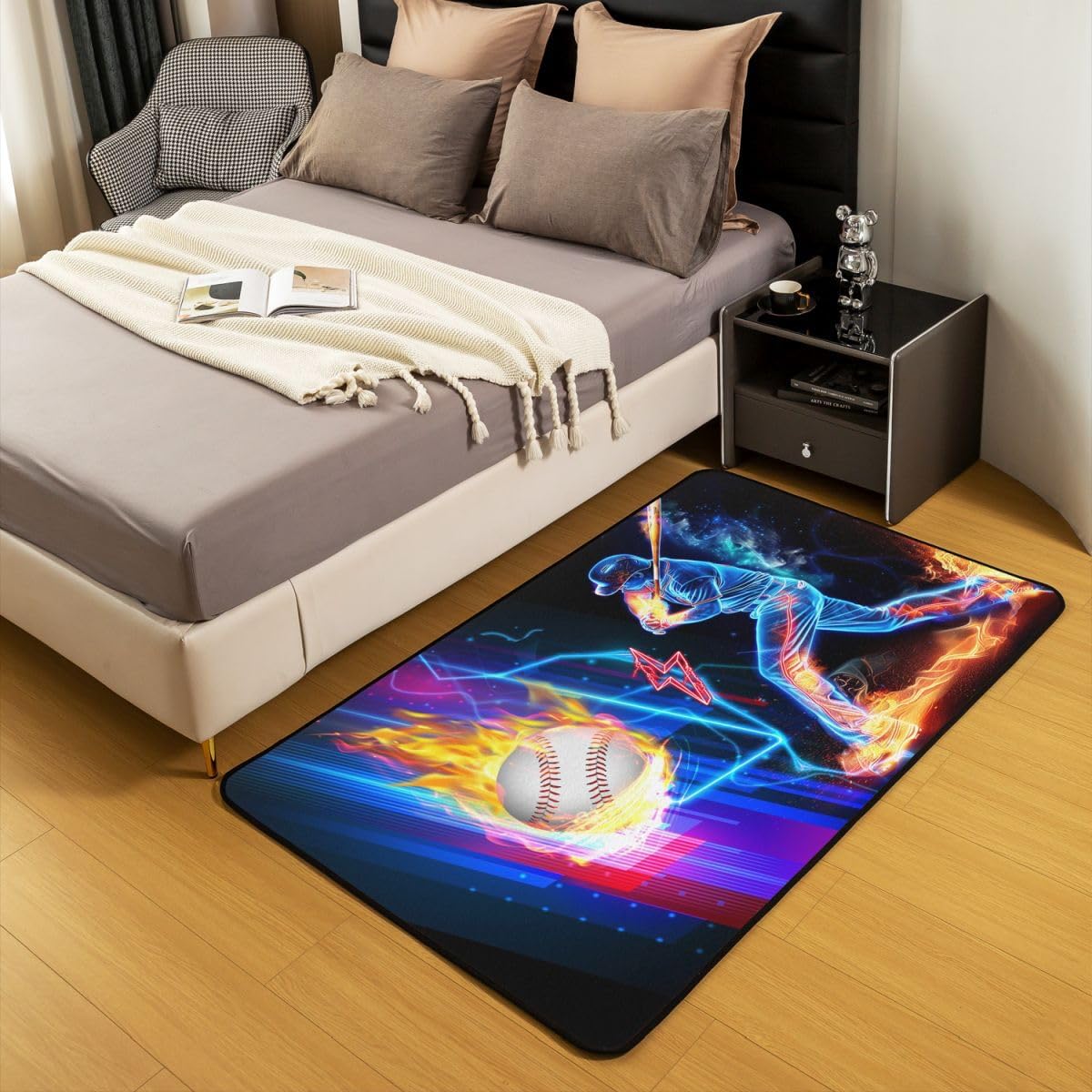 Baseball Area Rugs,Baseball Player Non Slip Carpet Cool Lightning Indoor Floor Mat Entrance Rug,Neon Blue Lines Home Living Room Bedroom Decor,3'x5'