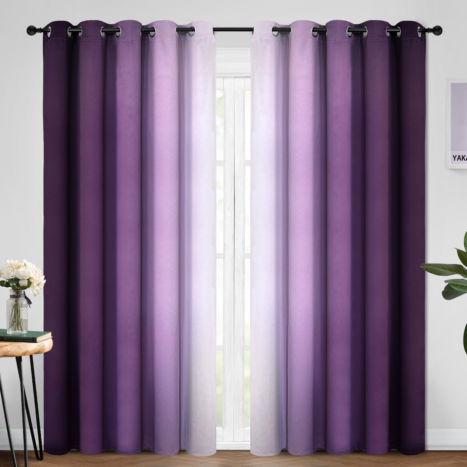 Yakamok Room Darkening Ombre Curtains 84 Inch Length, Purple and Greyish White Thermal Insulated Gradient Color Curtains,Light Blocking Grommet Window Drapes for Bedroom,70 Inch Width,2 Panels — image 1
