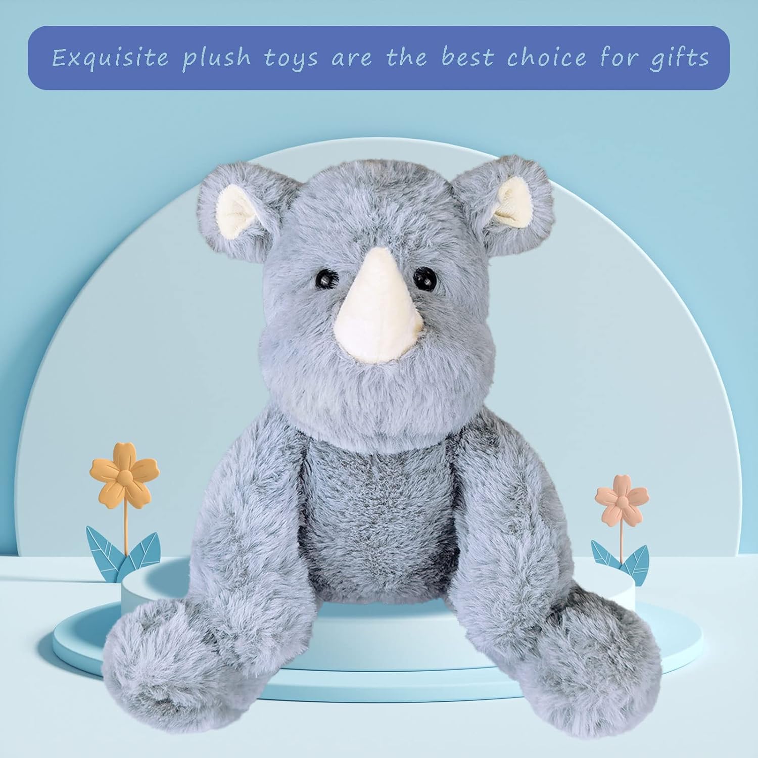 Gray Plush Rhino Stuffed Animal Toy, Soft Cuddly Plushie Hugger Toy for Boys & Girls, Gifts for Kids or Girlfriend, 8.5 Inches