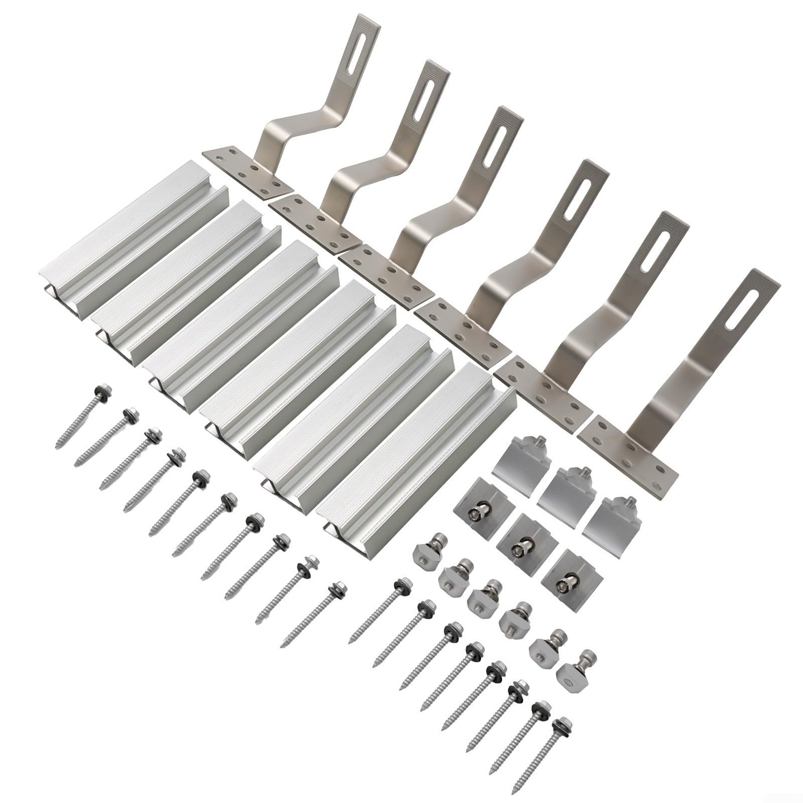 Kit di montaggio per pannello solare, tetto in mattoni, guide in lega di alluminio 6005 con morsetti terminali e ganci, compatibile con moduli fotovoltaici da 30 mm e 35 mm, finitura argento (set 2