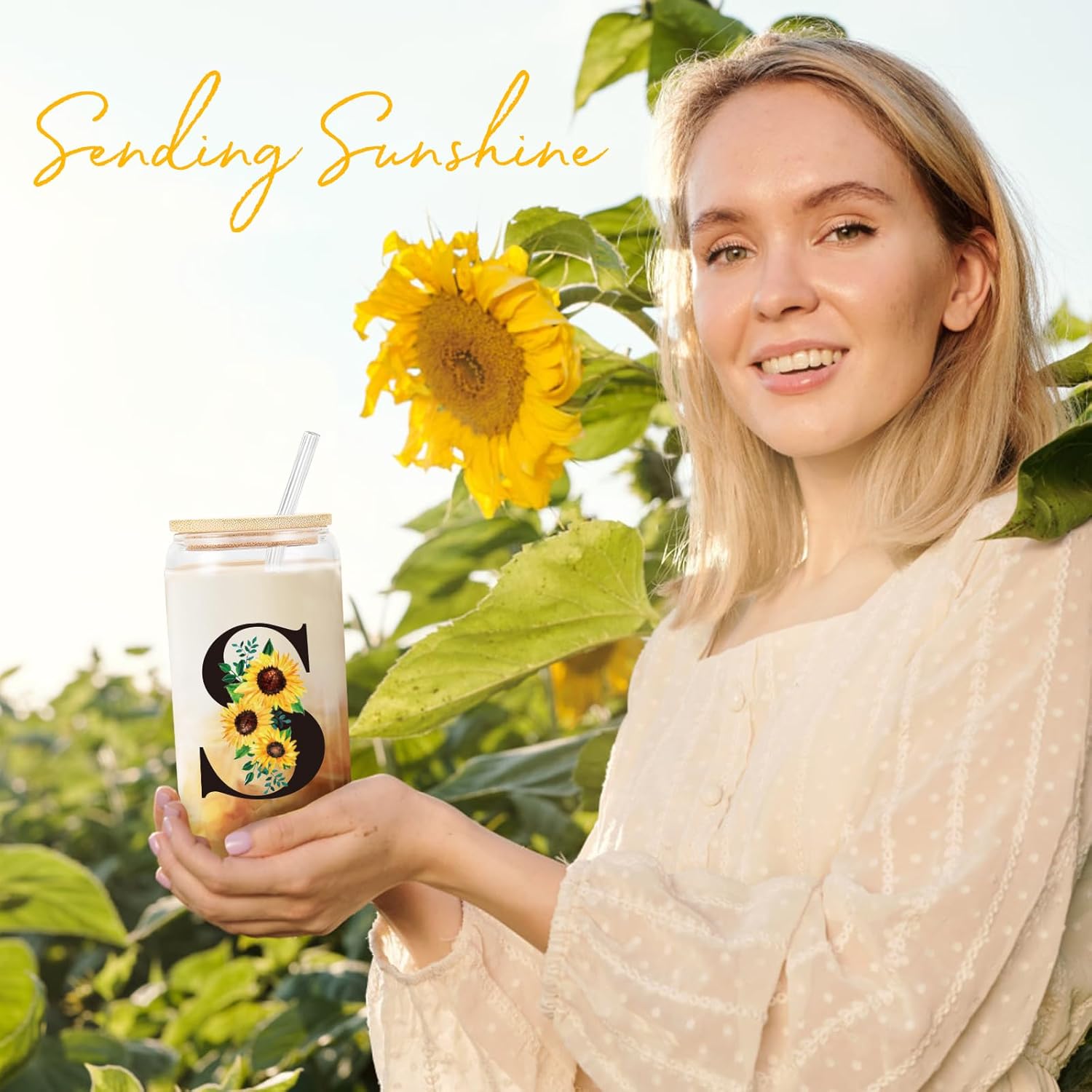 Birthday Gifts for Women, Initial Glass Cups w Lids and Straws, Sunflower Gift for Women, Personalized Gift, 16oz Glass Tumbler Cups W/Straw Lid, Monogrammed Birthday Gifts for Her Mom - S - Image 5