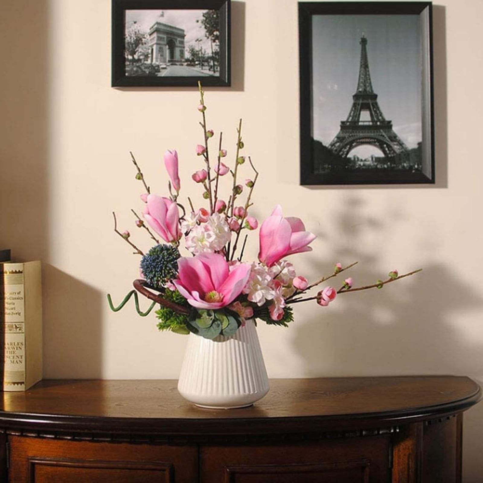 Arreglo Floral de Seda Europeo en jarrón de cerámica – Decoración Floral Artificial para Sala de Estar Arreglo Floral Falso