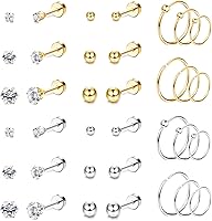THUNARAZ 18 Pairs Surgical Steel Tiny Stud & Hoop Cartilage Earrings for Women - Hypoallergenic CZ Flat Back Helix Conch Piercing Jewelry