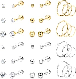 THUNARAZ 18 Pairs Surgical Steel Tiny Stud & Hoop Cartilage Earrings for Women - Hypoallergenic CZ Flat Back Helix Conch Piercing Jewelry