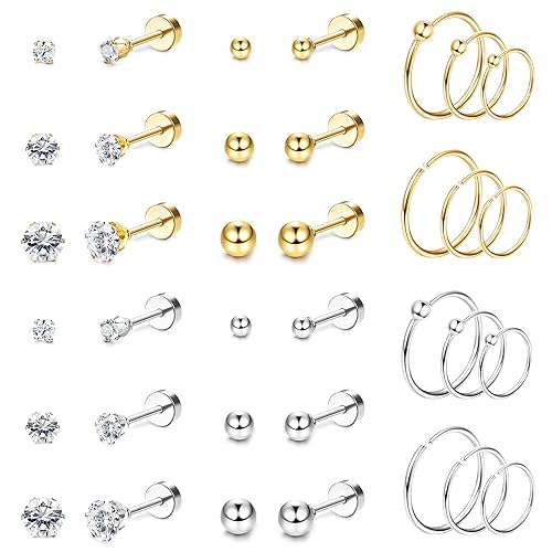 THUNARAZ Surgical Steel Tiny Stud Earrings for Women Hypoallergenic Flat Back Cartilage Earrings Cubic Zirconia Tiny Ball Earrings Hoops Conch Helix Cartilage Piercing Jewelry - Gold&Silver