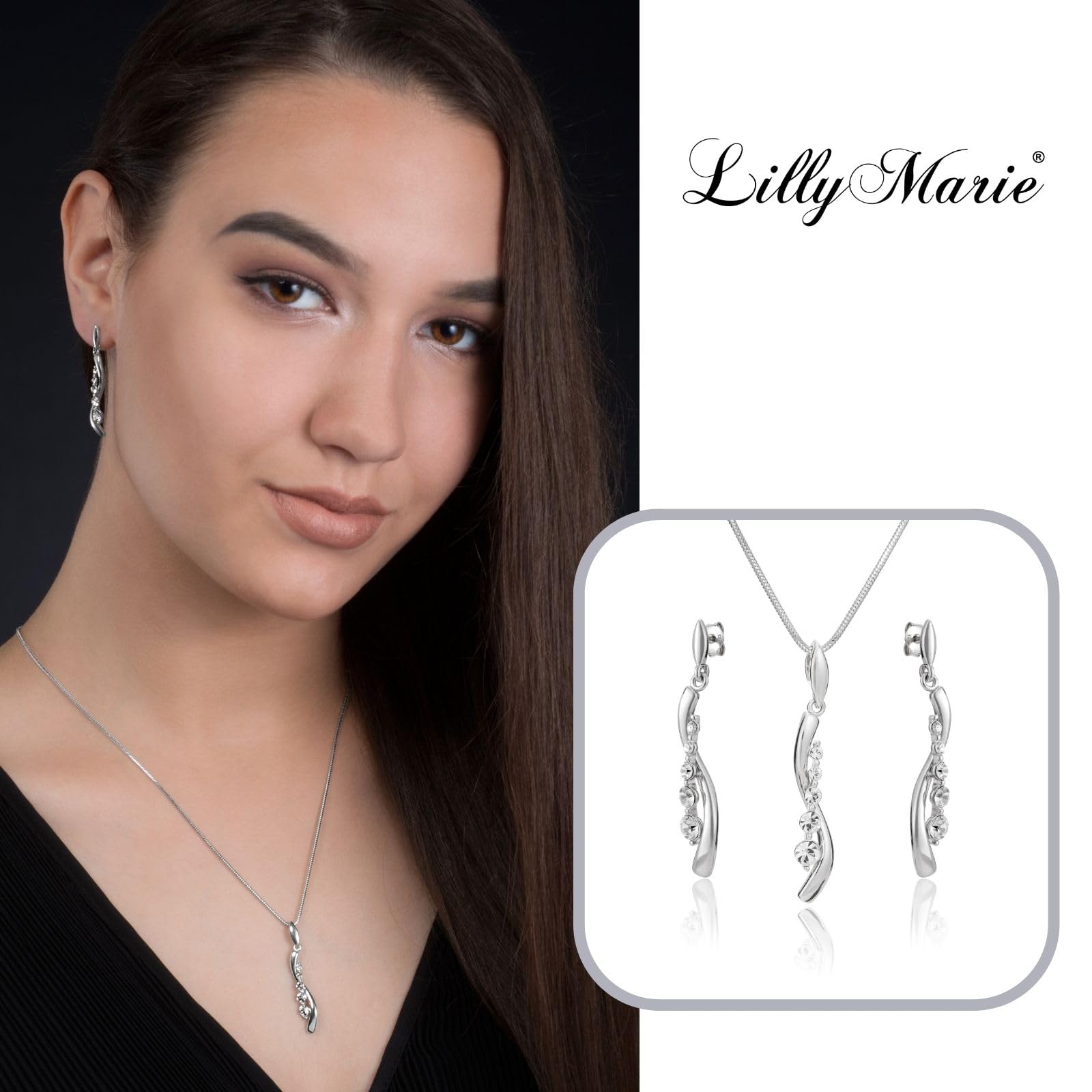 LillyMarie Damen Silber-Schmuckset Sterling-Silber 925 Anhänger Welle Kristalle längen-verstellbar Schmucketui Hochzeitsschmuck