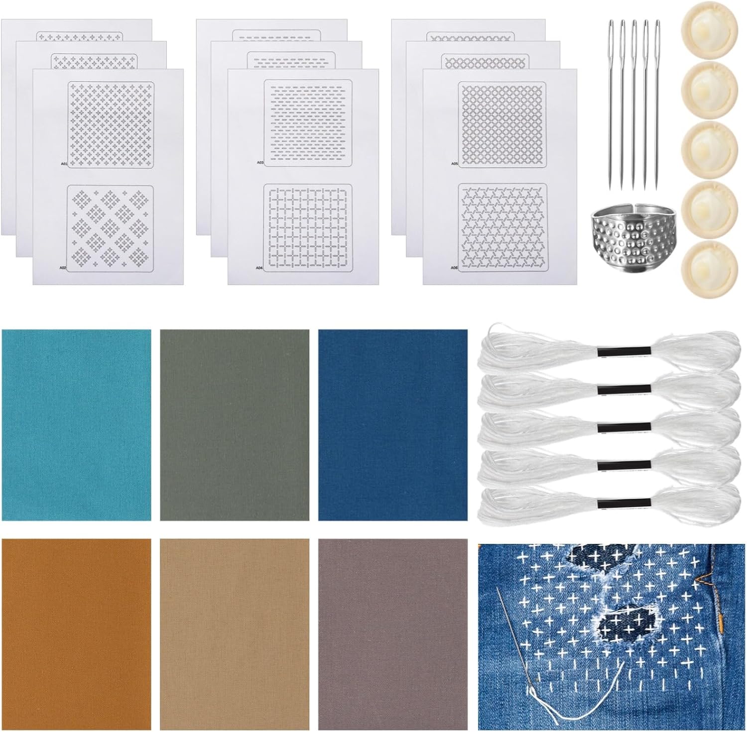 DORMIYA Sashiko Kit for Beginners, Water-Soluble Sashiko Thread and Needles Set, Pure Fabric Sashiko Stencil Kit, Versatile Sashiko Supplies, Embroidery Transfer Templates for DIY Crafts